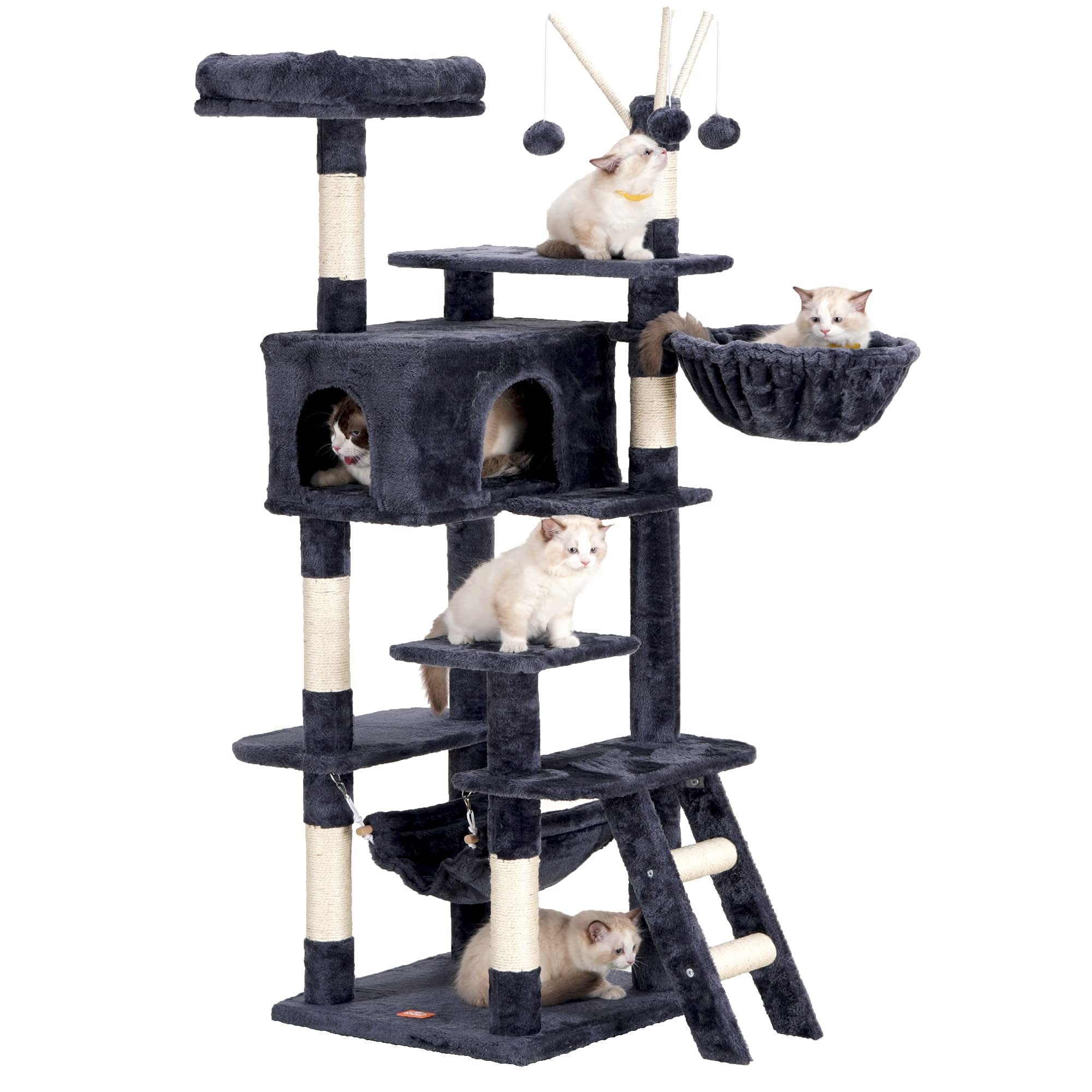 Heybly 63-Inch Large Cat Tree Tower for Indoor Cats - Multi-Level Cat Condo with Plush Perch, Cozy Basket & Removable Fur Ball Toys - Sturdy Cat Furniture for Large Cats (Smoky Gray HCT022G) - Perfect for Play, Climbing & Relaxing in Living Rooms & Bedrooms