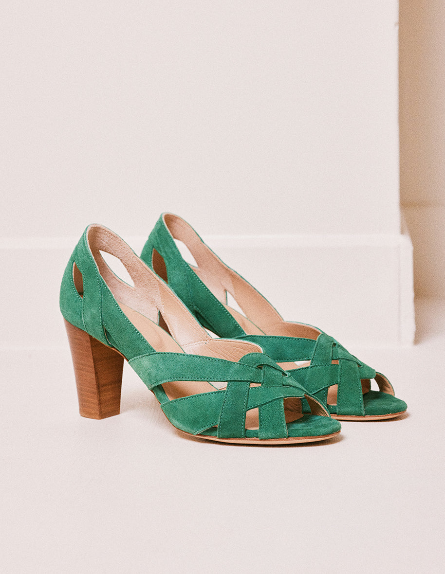Clementine H Suede Green Heeled Sandals - Women's Fashion Shoes for Summer Outfits & Beach Vacations