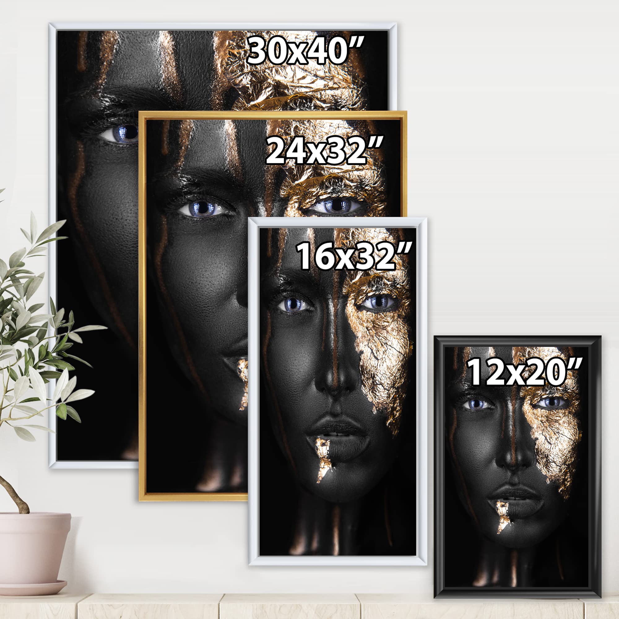Portrait of African American Girl with Gold Makeup - Modern Framed Canvas Wall Art Print for Living Room, Bedroom & Office Decor