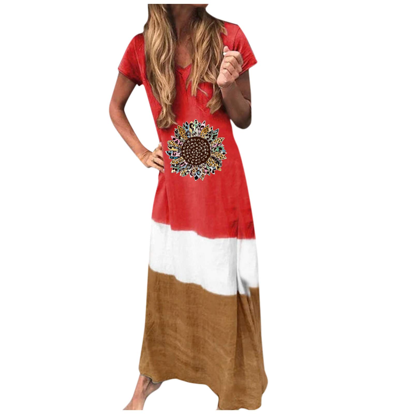 Plus Size Women's Loose V-Neck Short Sleeve Maxi Dress with Floral Print - Comfortable Smock Dress for Casual Wear, Beach Vacation & Summer Outfits