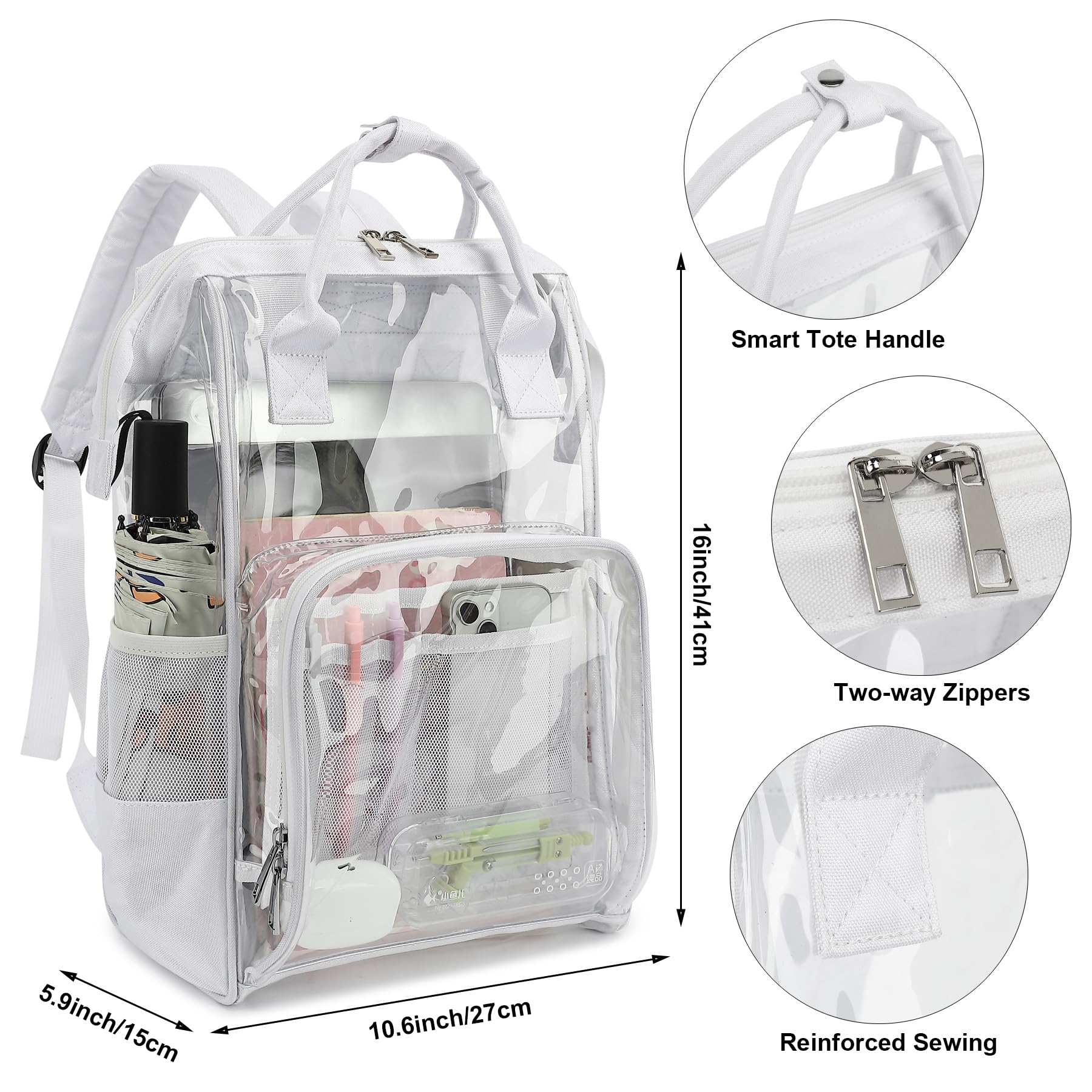 Heavy Duty Clear Backpack for Men & Women - PVC Transparent School Backpack for Boys & Girls (White) | Perfect for School, Travel, Work & Security Checkpoints