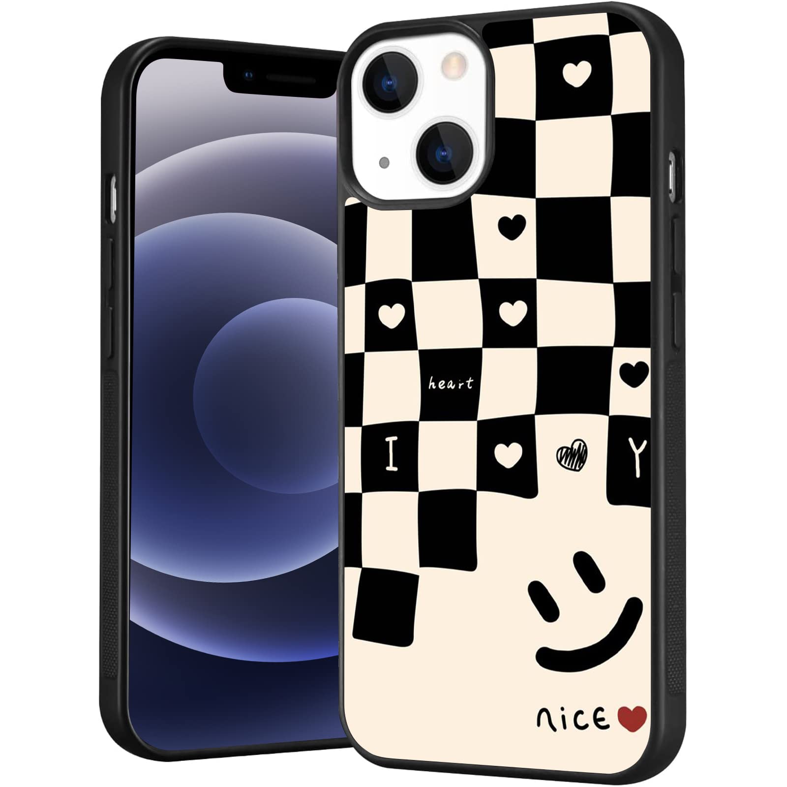 Cute Smile Plaid Print Shockproof Protective Case for iPhone 13 Pro Max - Soft TPU & Hard Back Cover, Anti-Scratch, Black & White Grid Design - Perfect for Daily Use, Travel, and Outdoor Activities