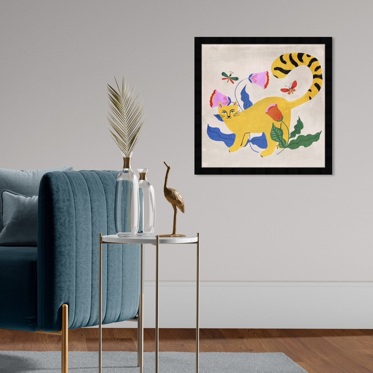 Blonde Tabby Floral Kitten Butterfly Garden Modern Yellow Framed Wall Art Print - Perfect for Bedroom, Nursery & Home Decor