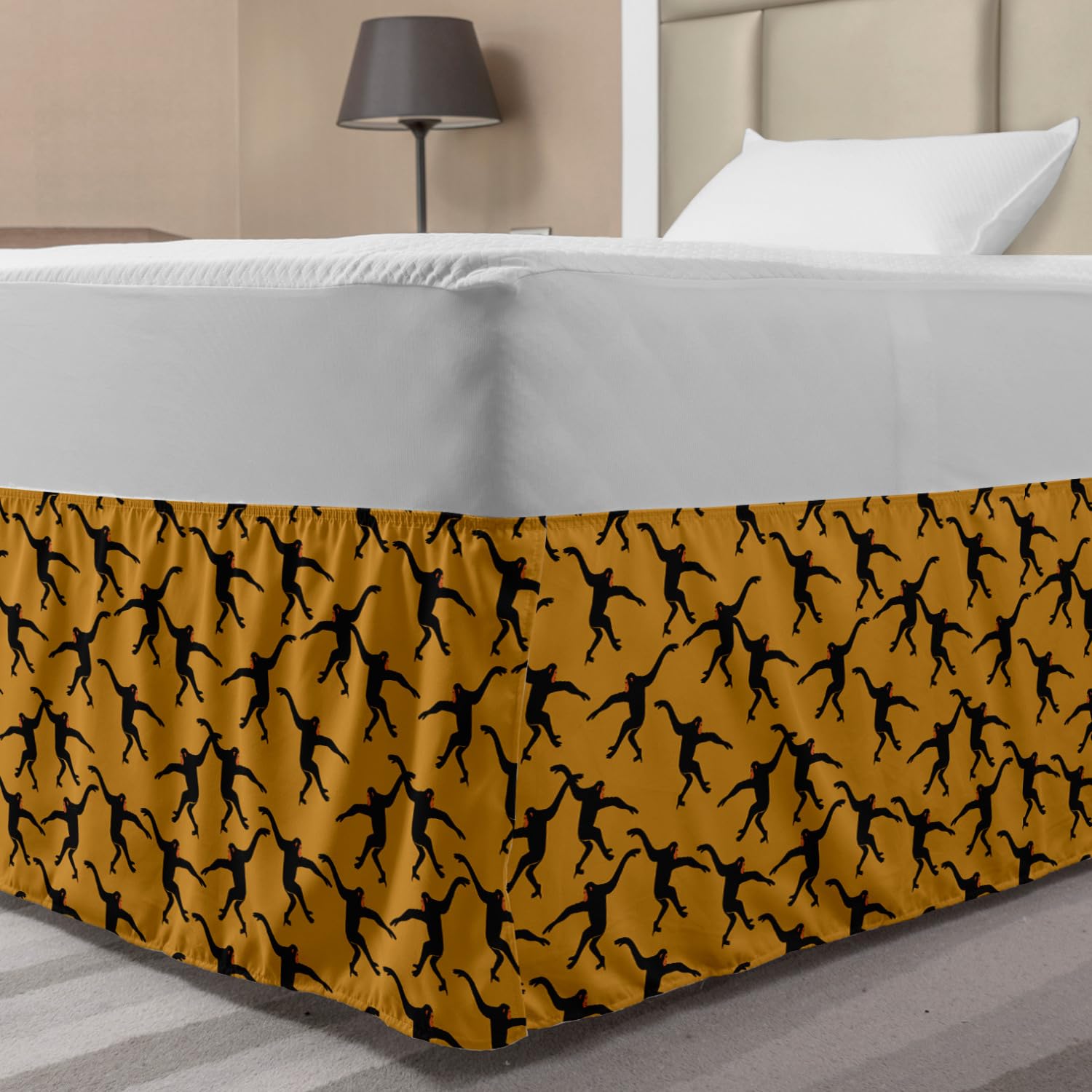 Ambesonne Elastic Bed Skirt with Gorilla & Jumping Monkey Silhouette Pattern - Wrap Around Dust Ruffle for Twin/Twin XL Beds - Orange Grey Bedroom Decor - Perfect for Jungle Theme Kids Room or Animal Lover's Bedroom