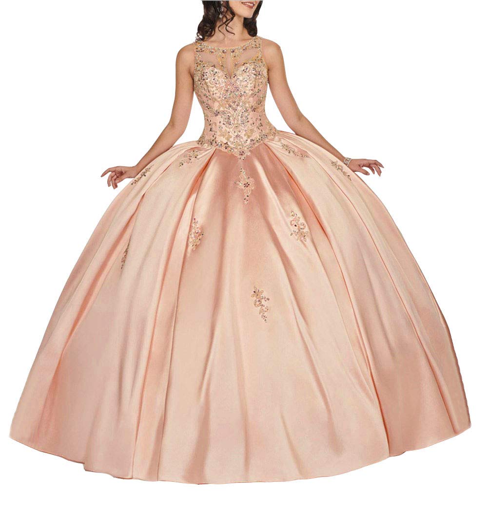 Emanni Women's Rhinestone Quinceanera Dress - Sleeveless Satin Prom Gown with Sheer Neckline | Perfect for Sweet 16, Homecoming, and Formal Evening Events