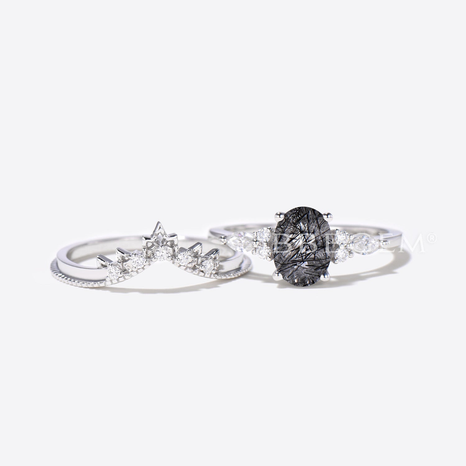 Oval Black Rutilated Quartz Engagement Ring - 14K White Gold Moissanite Bridal Set for Women - Perfect for Weddings, Anniversaries & Romantic Proposals