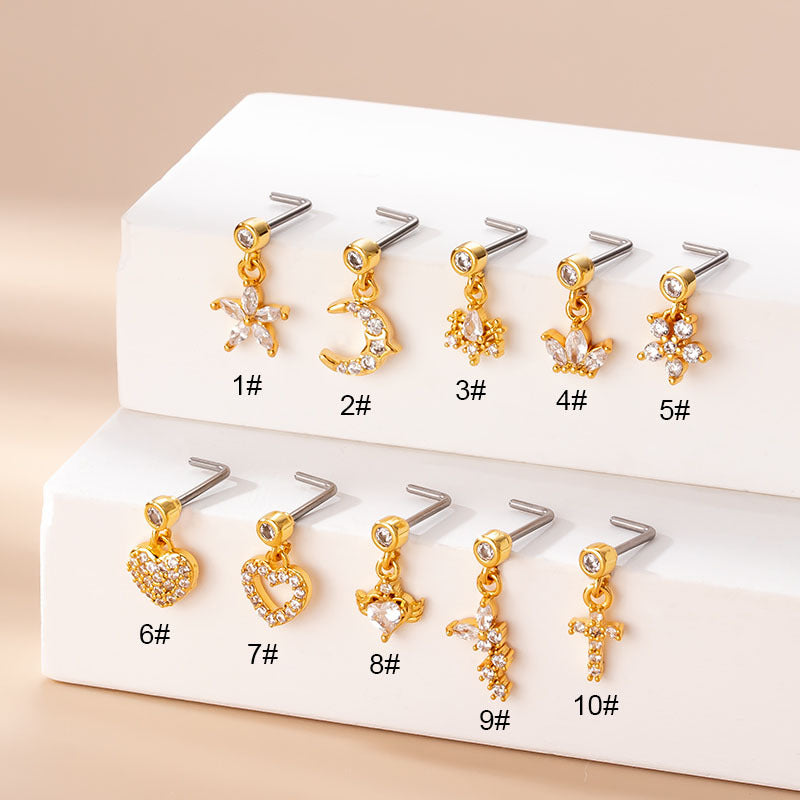 20G Gold Heart Dangle Nose Studs - Hypoallergenic Surgical Steel Nose Ring Jewelry for Women | Perfect for Parties, Date Nights & Everyday Wear (HSPJ766)