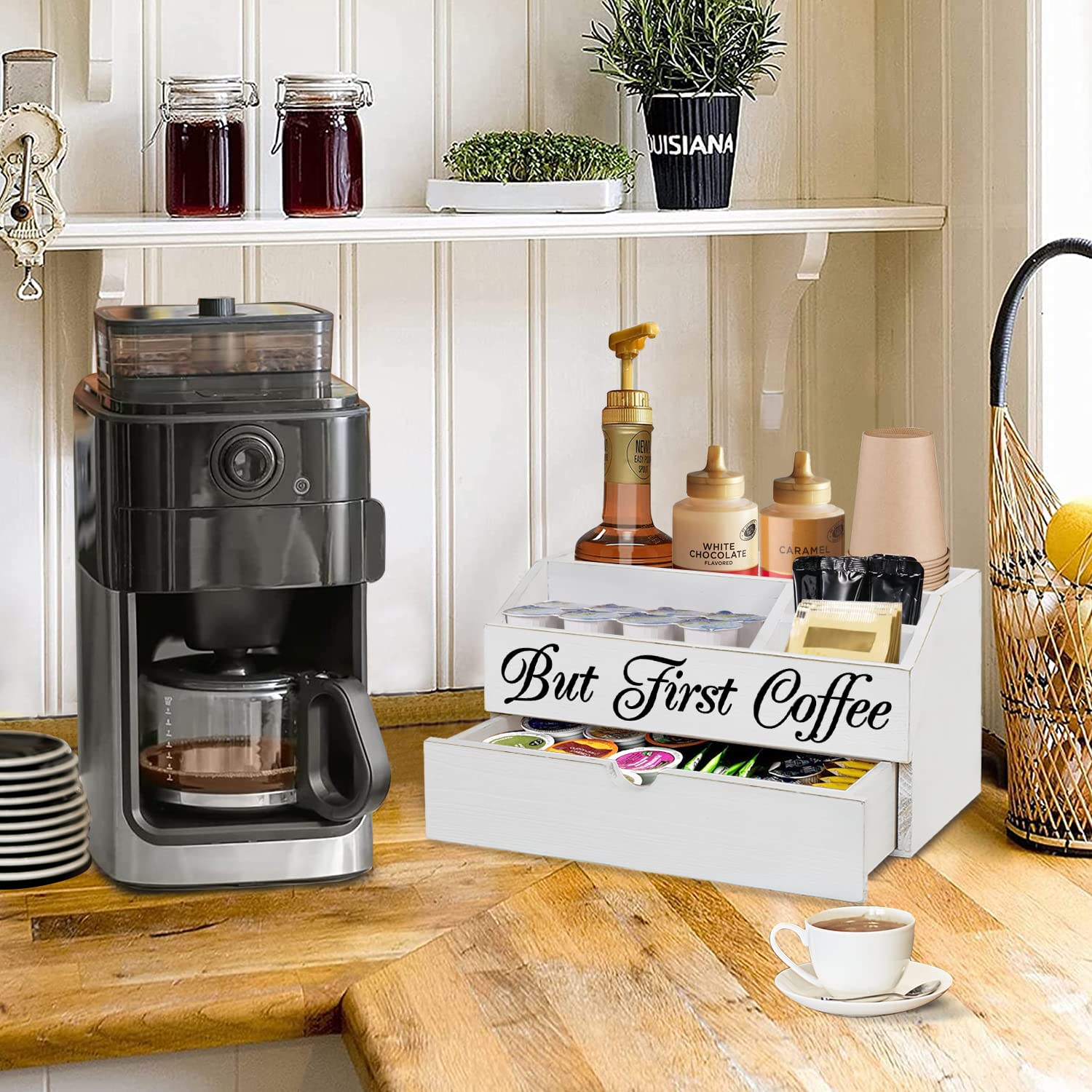 Wooden Coffee Station Organizer with Drawer - K-Cup Pod Holder, Tea Bag & Condiment Storage - Countertop Bar Accessories for Coffee Lovers - Perfect for Kitchen, Office & Home Decor Gift