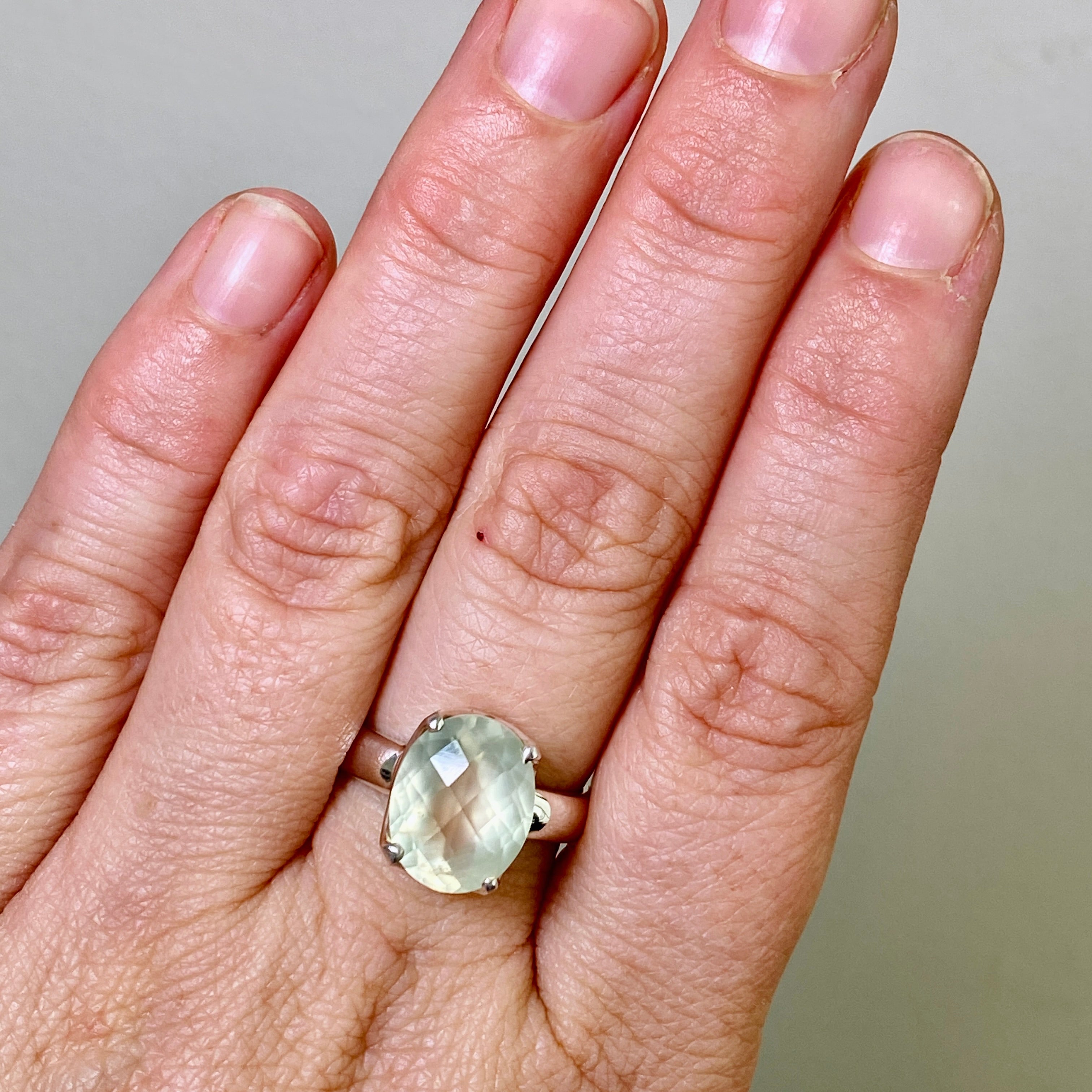 Prehnite Oval Checkerboard Faceted Ring Size 8.5 - Dainty Gold Jewelry for Women, Elegant Birthstone Gift for Her - Perfect for Weddings, Anniversaries & Special Occasions