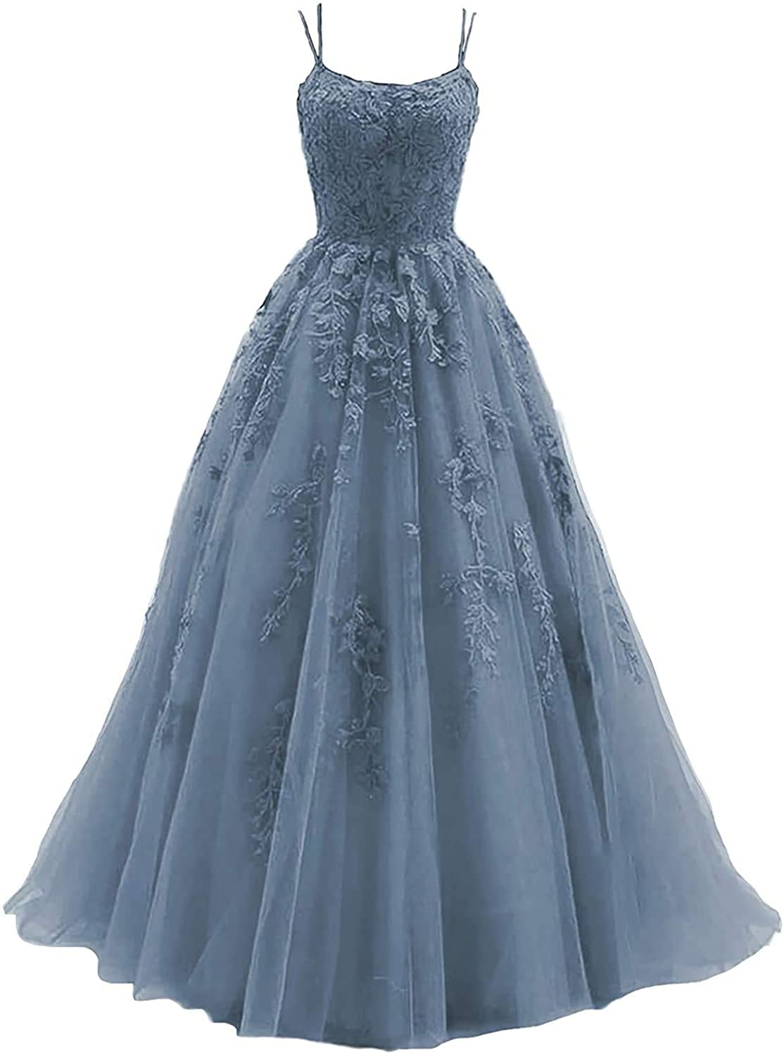 Elegant Women's Lace Applique Prom Dresses - Long Spaghetti Straps Ball Gown with Tulle Skirt for Formal Evening Party, Homecoming, Wedding & Special Occasions