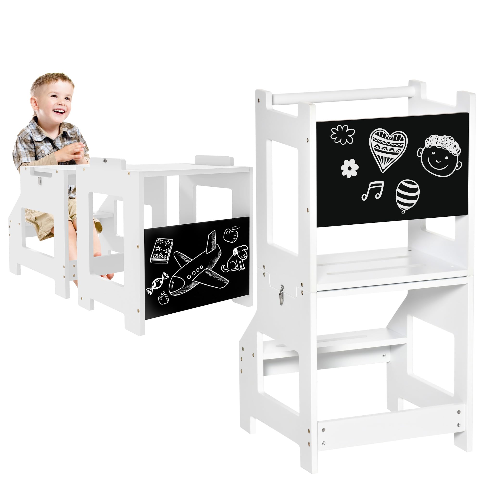 Qaba 2-in-1 Kids Kitchen Step Stool & Toddler Standing Tower with Chalkboard - Adjustable Safety Rail for Kitchen, Bathroom & Bedroom - White - Perfect for Cooking, Brushing Teeth & Reaching High Places