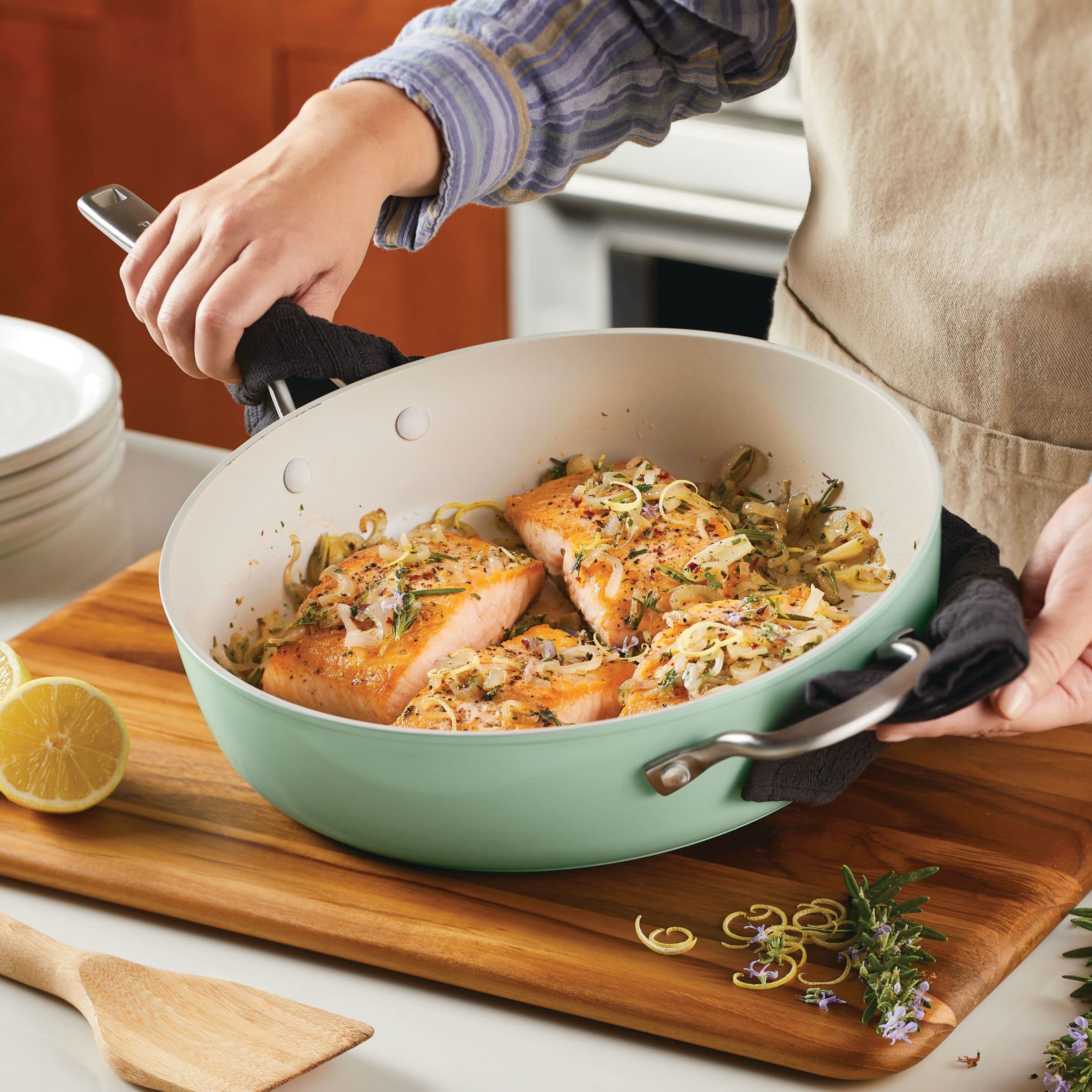 KitchenAid 5-Quart Nonstick Sauté Pan - Hard Anodized Ceramic Cookware with Shatter-Resistant Glass Lid & Riveted Handle - Even Heat Distribution, Oven Safe to 500°F, Easy to Clean - Pistachio Green - Perfect for Sautéing, Frying, and Simmering in Modern Kitchens