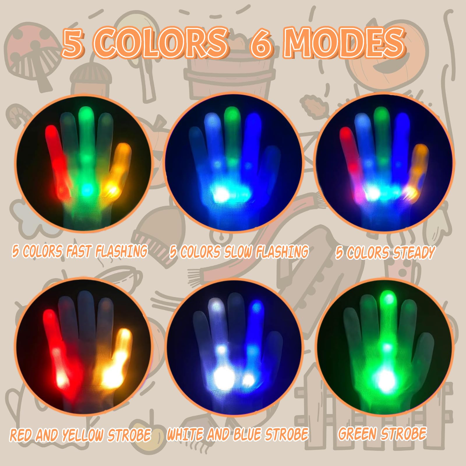 2 Pairs LED Gloves for Kids Age 4-7 - 6 Flashing Light Modes, Cool Light Up Toys for Boys & Girls - Perfect for Halloween, Christmas Parties, Birthday Gifts & Stocking Stuffers - Fun Glow Accessories for Dance Parties, Raves, Nighttime Play & Festive Celebrations