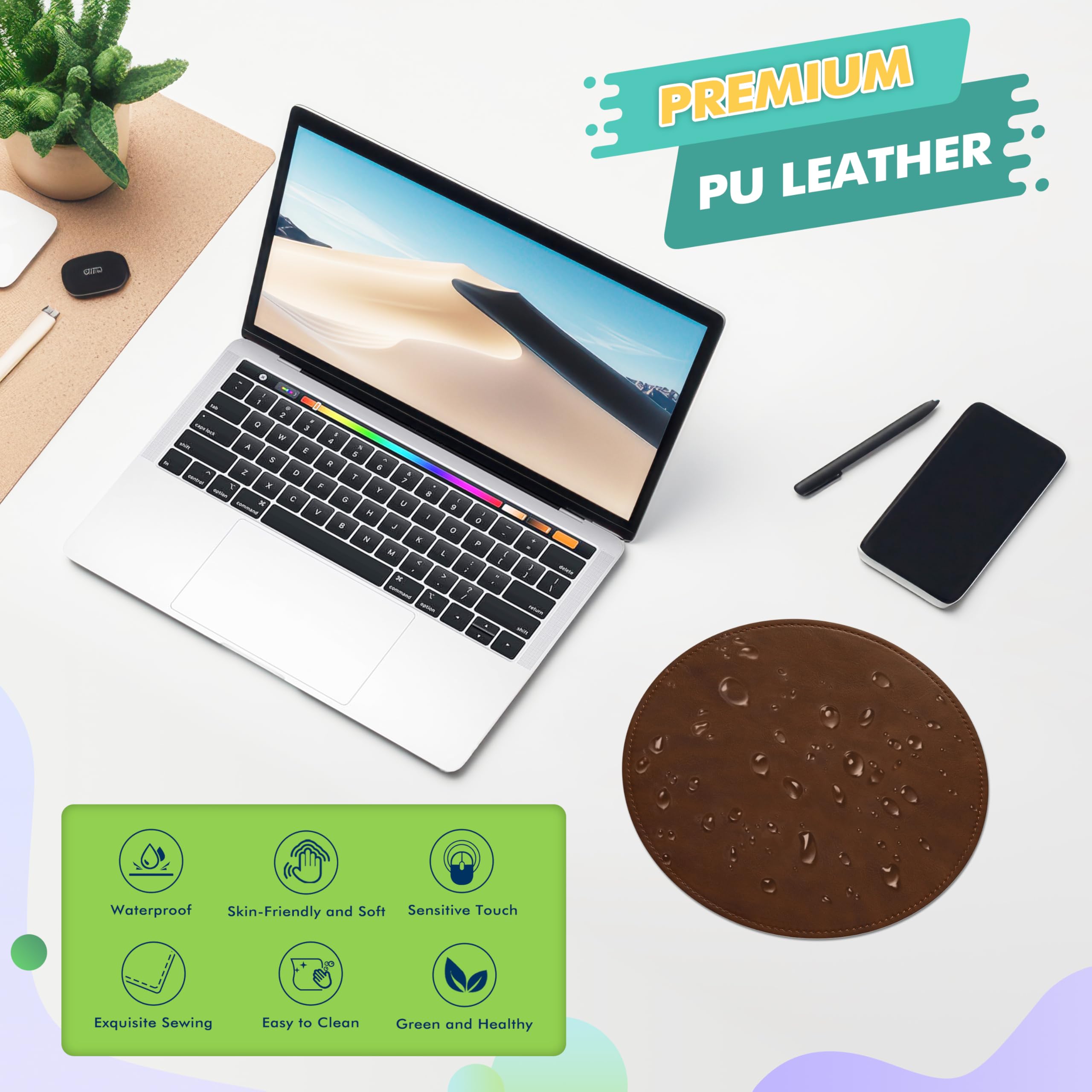 Premium Round PU Leather Mouse Pad with Stitched Edge & Non-Slip Micro-Fiber Base - Waterproof Computer & Laptop Mouse Mat (9x9 Inch, Dark Caramel Brown) for Office, Gaming & Home Workspace