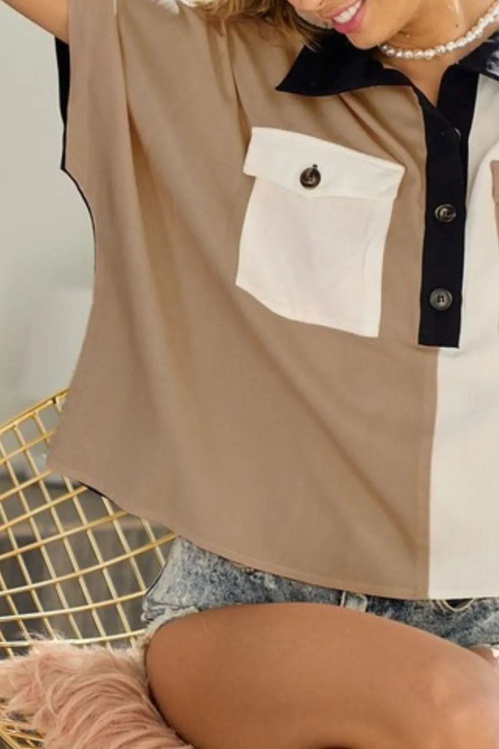 BiBi Color Block Quarter Neck Short Dolman Sleeve T-Shirt - Casual Women's Fashion Top for Summer Outfits & Daily Wear