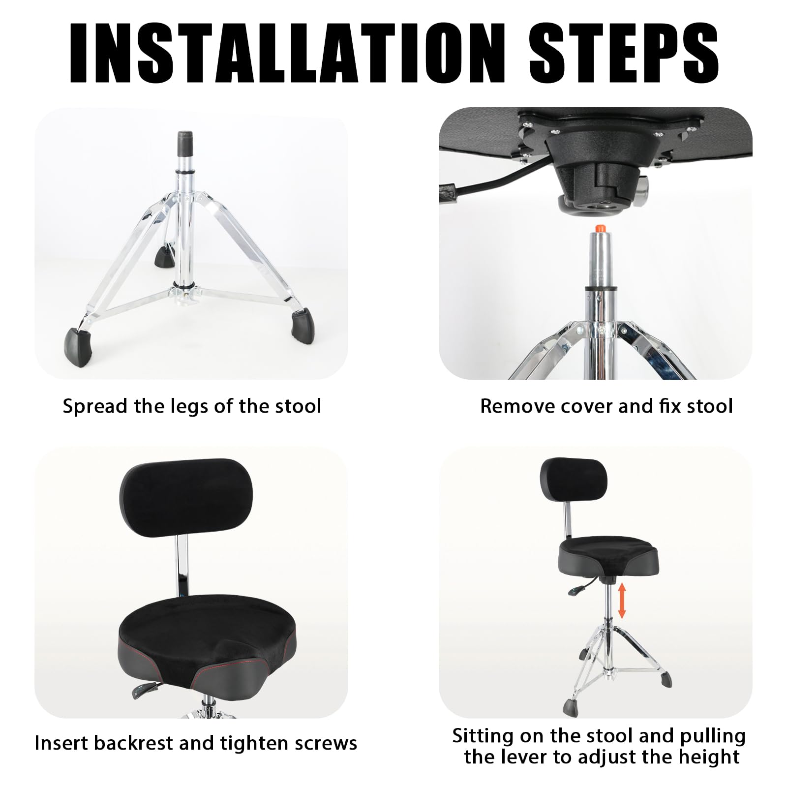 EASTROCK Heavy Duty Adjustable Drum Throne with Backrest - Motorcycle Style Hydraulic Drum Seat for Adult Drummers - Perfect for Drum Practice, Live Performances & Studio Recording (Black)