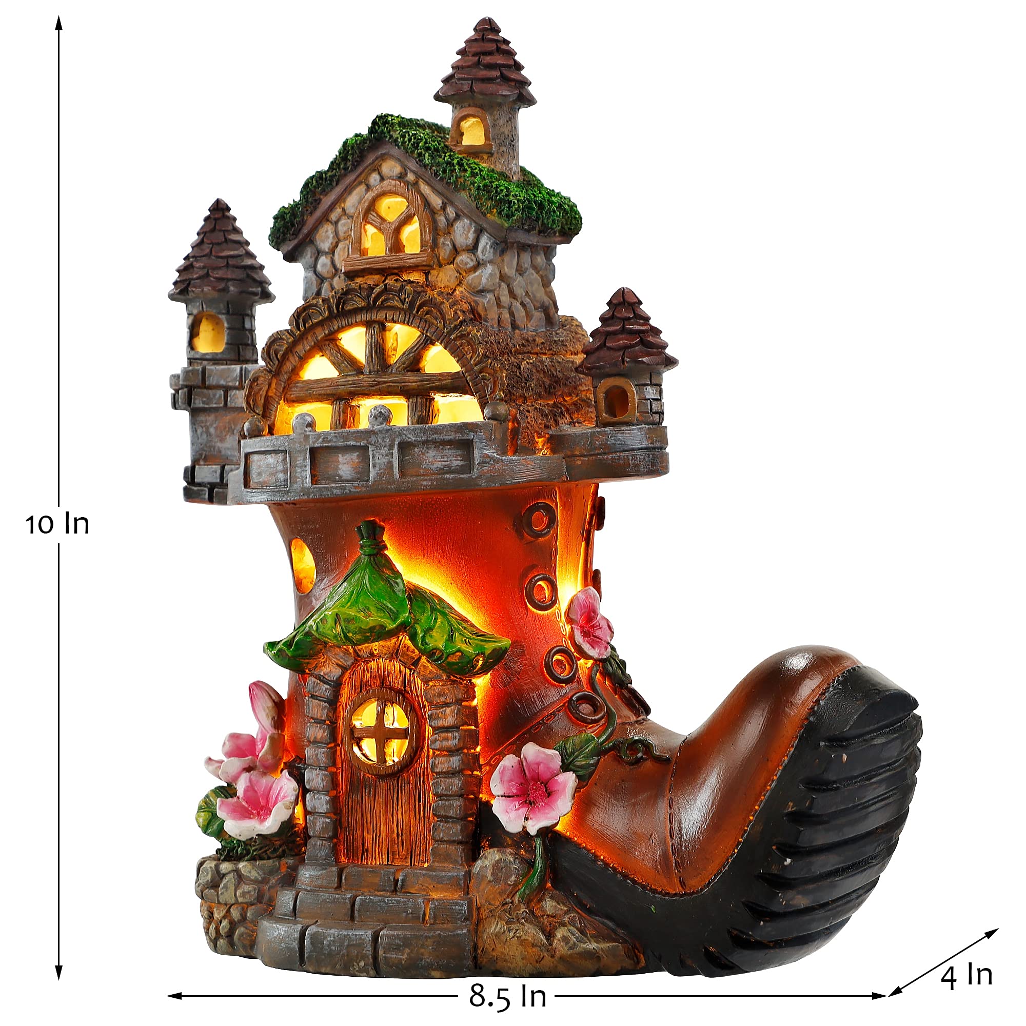 FORUP 10 Inch Solar Powered Fairy House Garden Statue with Boots - Outdoor Fairy Garden Decor Kit with LED Lights for Patio, Lawn, Yard & Backyard - Perfect for Fairy Gardens, Flower Beds & Gift Giving