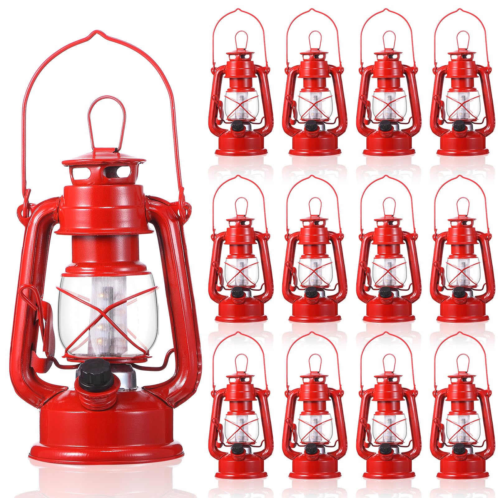 Vintage LED Hurricane Lantern - 12 Pack Metal Decorative Hanging Lantern with Warm White LEDs & Dimmer Switch - Battery Operated for Indoor, Outdoor, Camping, Patio, Garden & Party Decor (8 Inch)