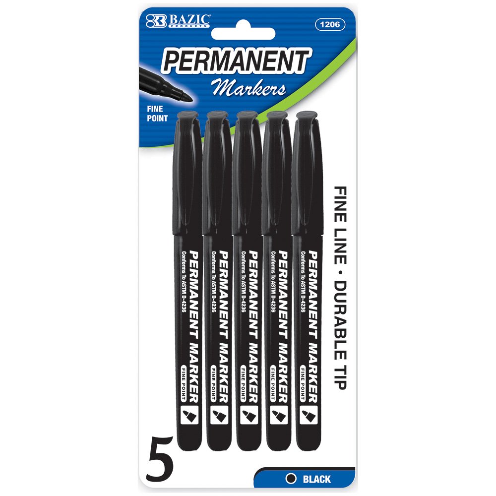 BAZIC Black Fine Tip Permanent Markers with Pocket Clip - 5 Pack (Case of 144) - Ideal for Office, School, Art Projects & Labeling