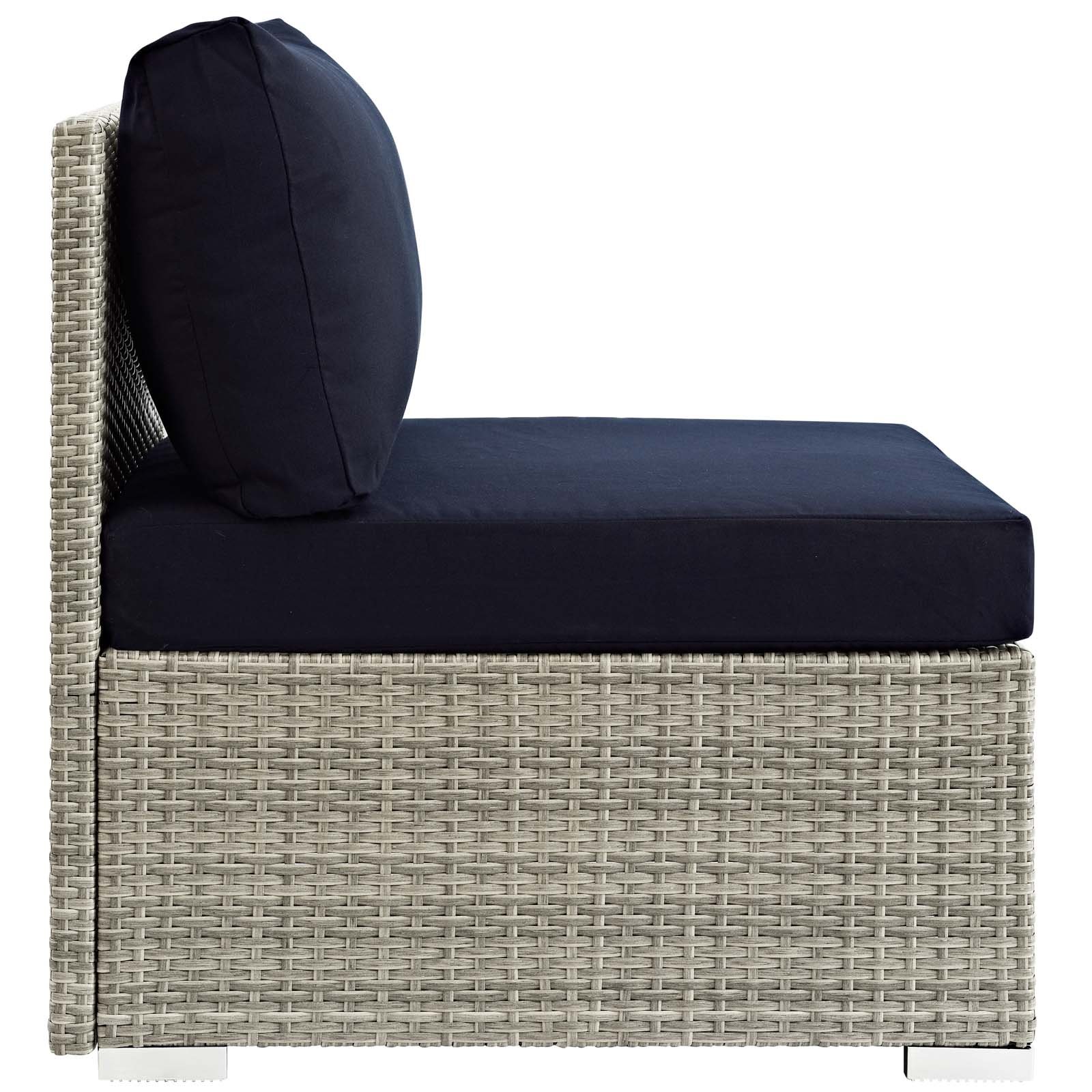 Modway Repose Wicker Rattan Outdoor Patio Armless Sectional Sofa Chair with Cushions - Light Gray & Navy - Perfect for Backyard, Poolside & Garden Relaxation