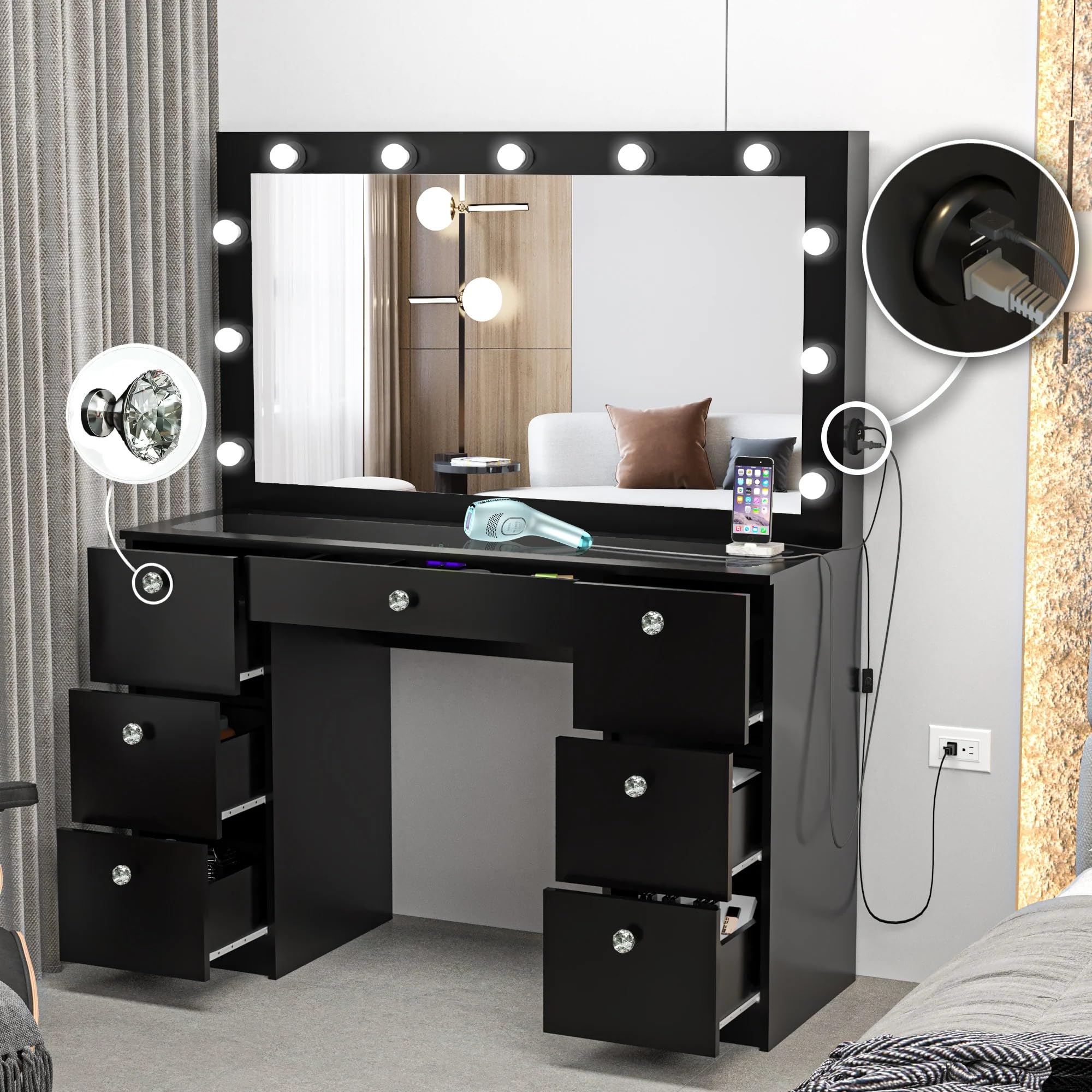Boahaus Yara Large Makeup Vanity Desk with Hollywood Lights & 7 Drawers - USB Type-C/A Ports, 110V Outlet, Hair Dryer Hanger - Glass Top & Crystal Knobs - Black Finish for Bedroom, Dressing Room & Beauty Salon