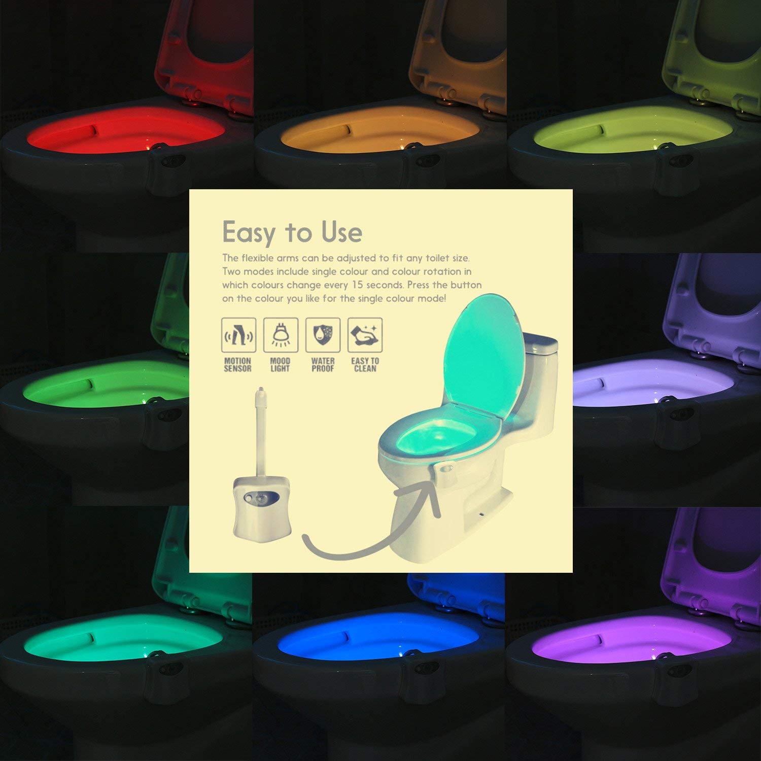 4 Pack Motion Sensor LED Night Lights - 8 Color Changing Toilet Bowl Light with 2 Modes for Bathroom & Washroom | Auto Detection, Universal Fit | Perfect for Kids, Elderly & Nighttime Safety