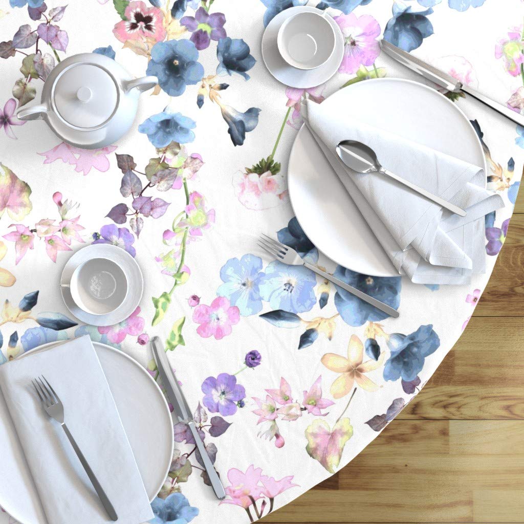 Custom Blue Pink White Floral Blooms Cotton Sateen Tablecloth 90