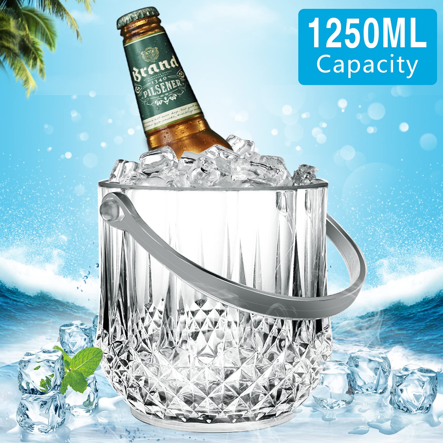 HOMALZ 1.1L Clear Plastic Ice Bucket with Tongs - Keeps Ice Frozen Longer for Beer, Champagne & Wine - Perfect for BBQs, Parties, Bars, Restaurants & Home Use - Ideal for Outdoor Gatherings, Cocktail Nights & Wedding Receptions