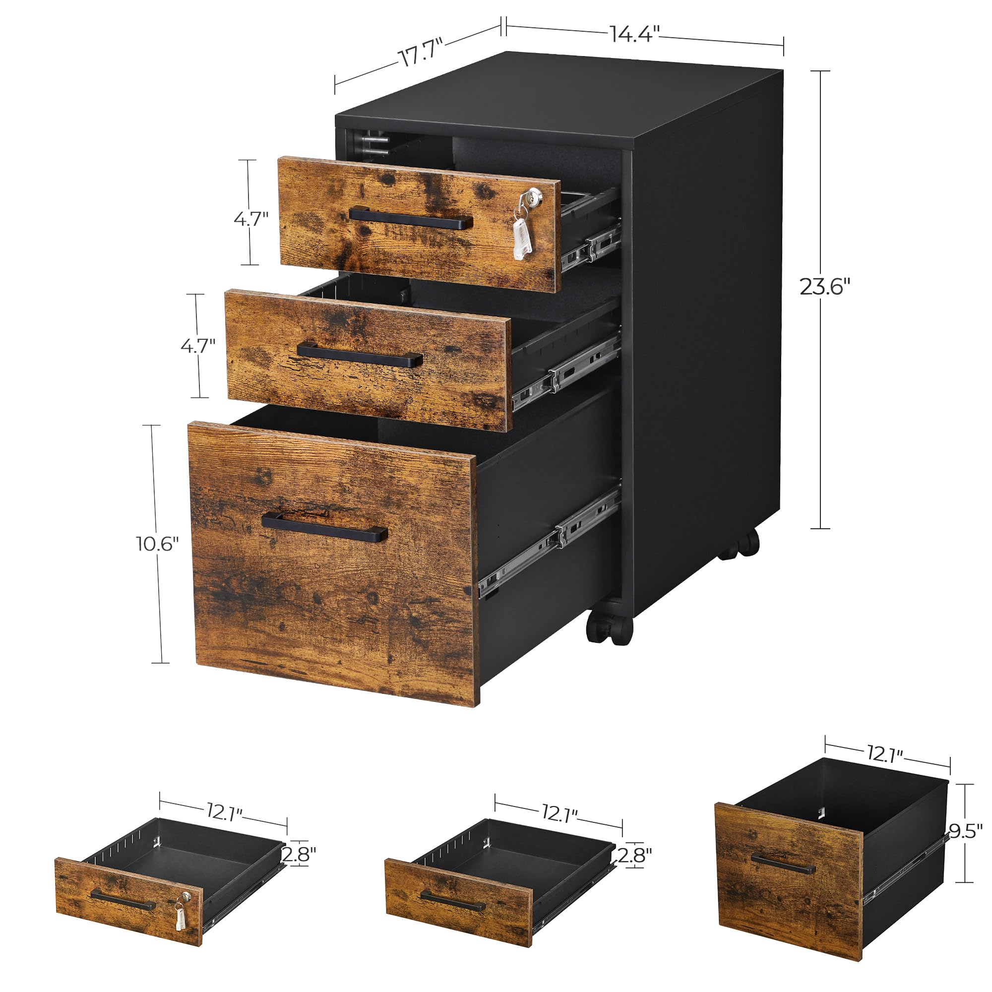 SONGMICS File Cabinet with Lock - Pre-Assembled Office Filing Cabinet for A4, Legal & Letter Size Documents - 17.7 x 14.4 x 23.6 Inches Rustic Brown & Black - Perfect for Home Office, Study Room & Workspace Organization (UOFC110B01V1)