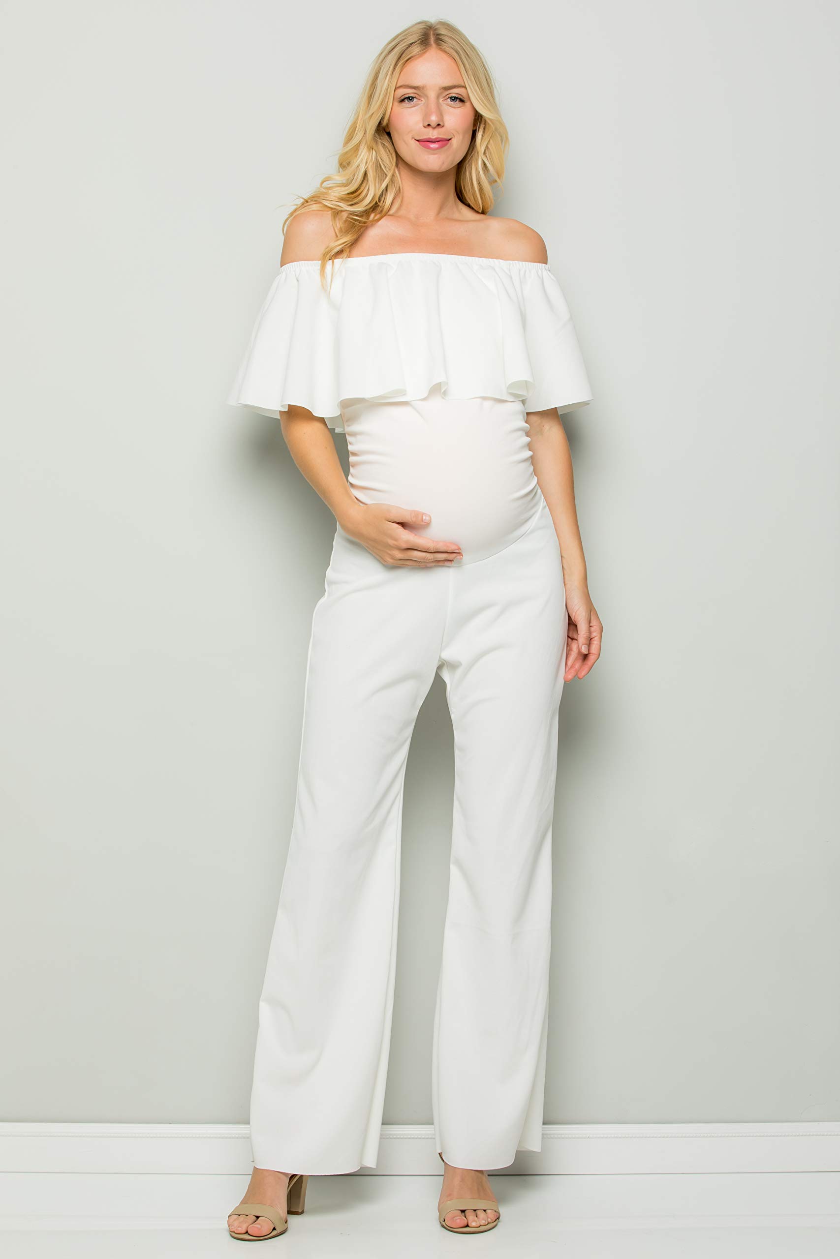 My Bump Maternity Ruffle Off Shoulder Jumpsuit - Made in USA | Comfortable Pregnancy Outfit for Baby Shower, Maternity Photos & Special Occasions