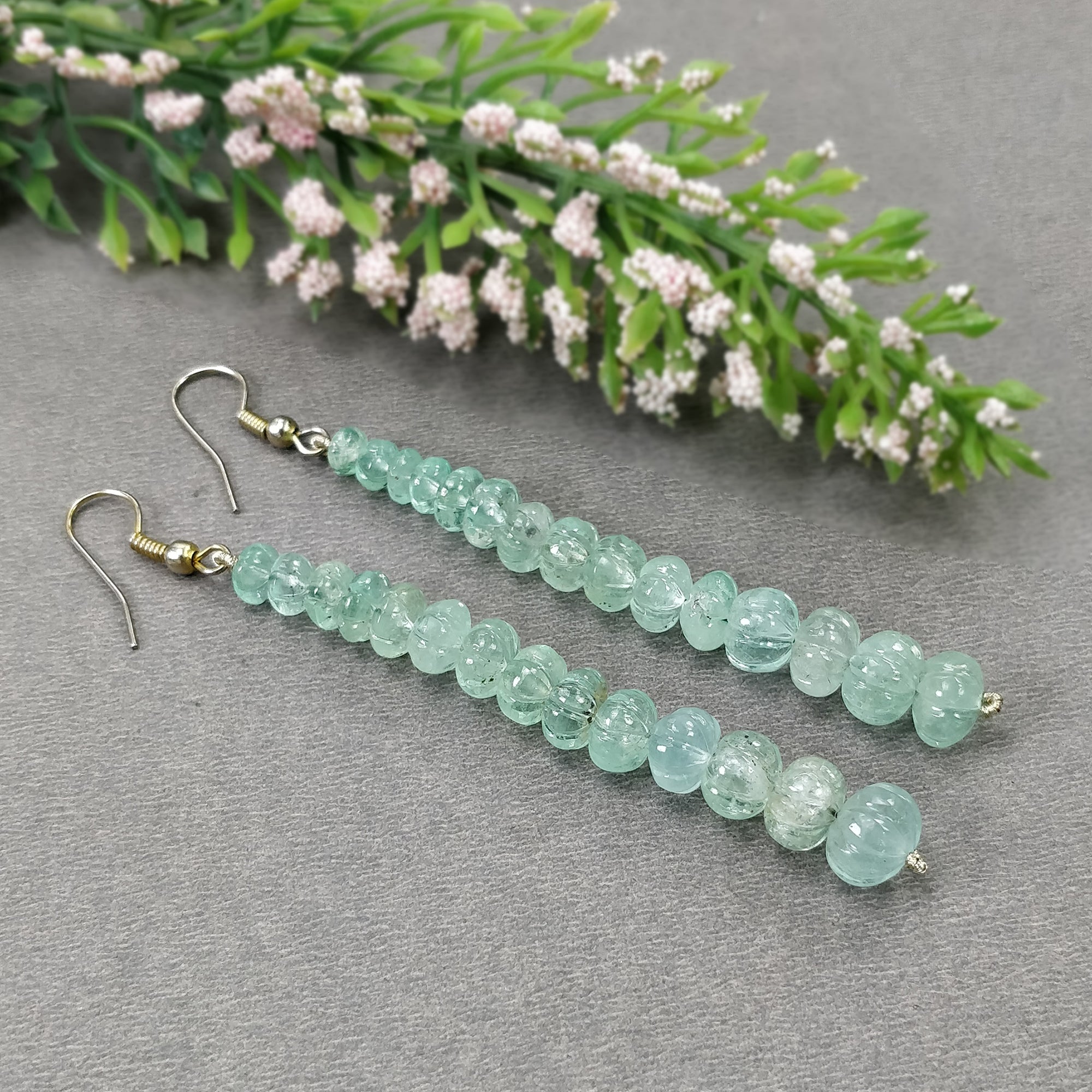 Natural Untreated Emerald Gemstone 925 Sterling Silver Beaded Hook Earrings - 50.10gms with 3.30ct Melon Beads | Elegant Jewelry for Women, Perfect for Weddings, Parties & Special Occasions