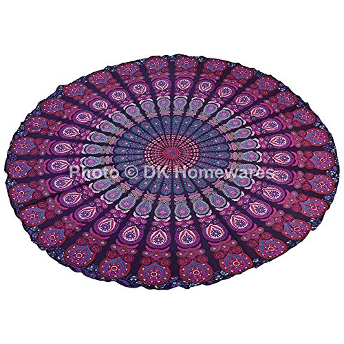 72 Inch Round Purple Pink Indian Mandala Throw Tablecloth - Peacock Eye Printed Beach Mat, Picnic Rug & Wall Tapestry for Boho Decor, Outdoor Parties, Yoga Meditation Space