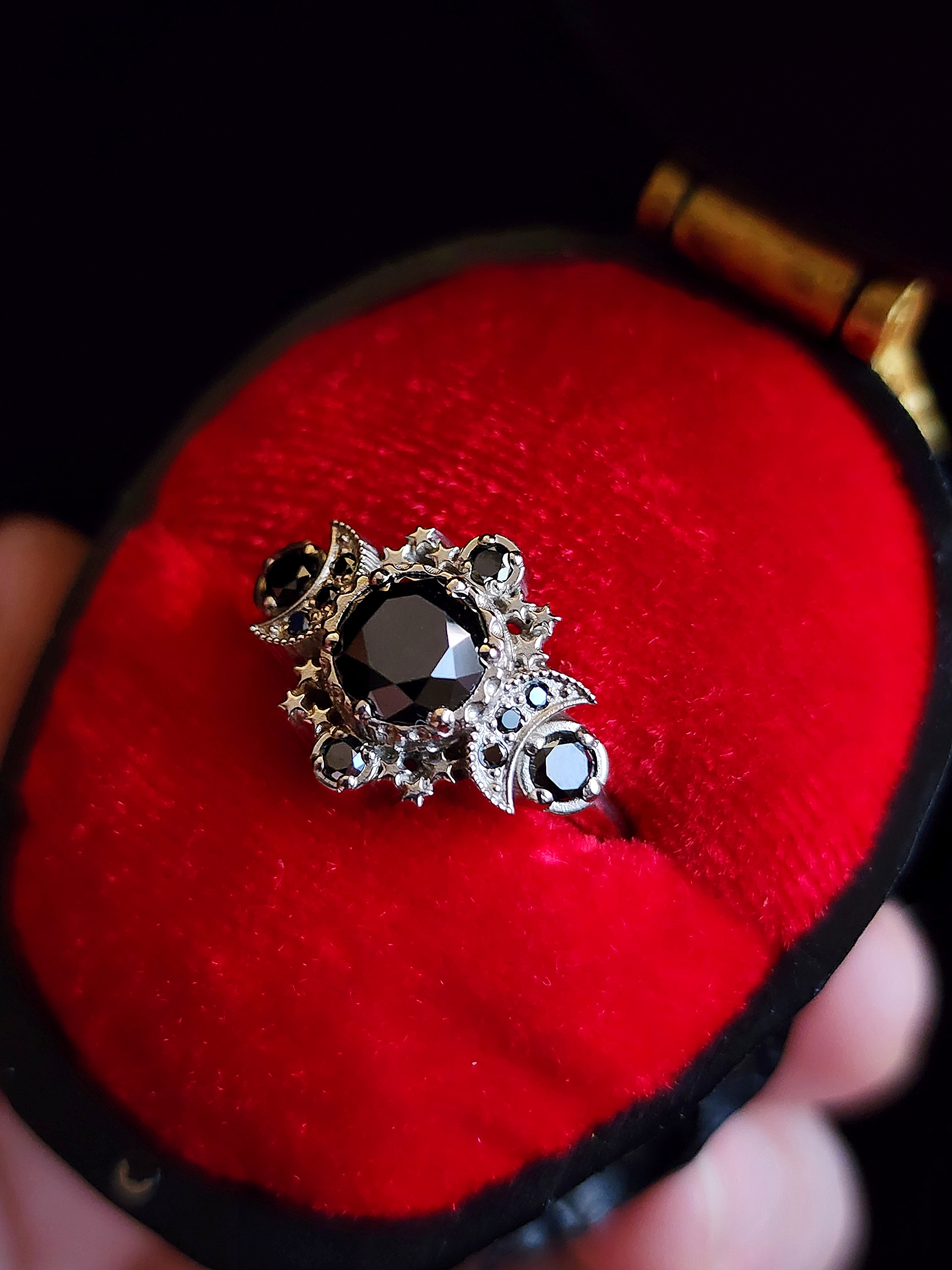 Black Diamond Gothic Moon Engagement Ring - Cosmos Triple Moon 3 Stone Ring with Stars - Dark Wedding Jewelry for Gothic Brides, Wiccan Ceremonies & Alternative Weddings