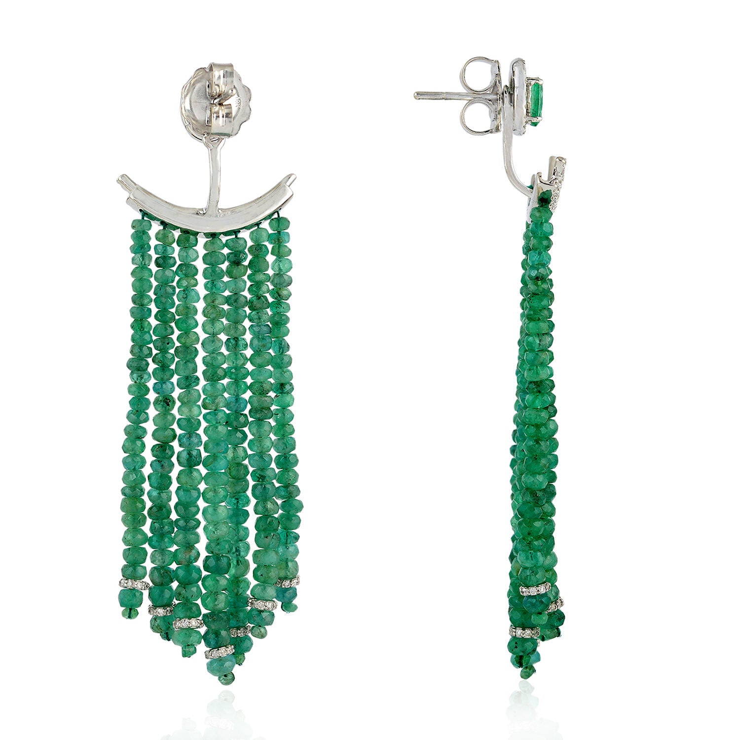 18K White Gold Emerald Beads Chandelier Earrings with Pave Diamonds - Elegant Dangle Jewelry for Weddings, Parties & Evening Events