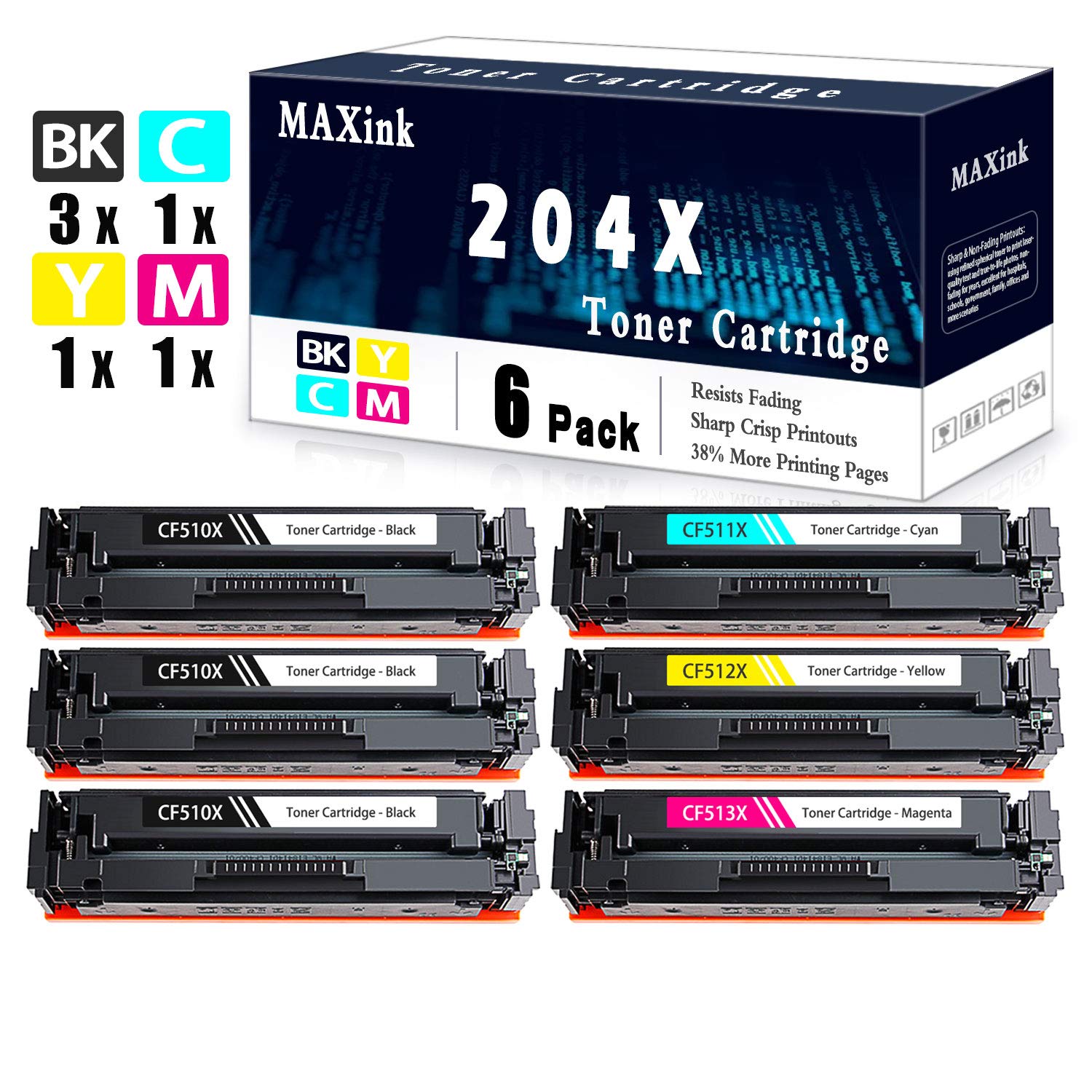 6-Pack (3BK+C+Y+M) 204X | CF510X CF511X CF512X CF513X Compatible Toner Cartridge Replacement for HP Color LaserJet Pro M154a M154nw M180nw M180n M181fw M181fdw Printers | High-Yield Printing for Office & Home Use