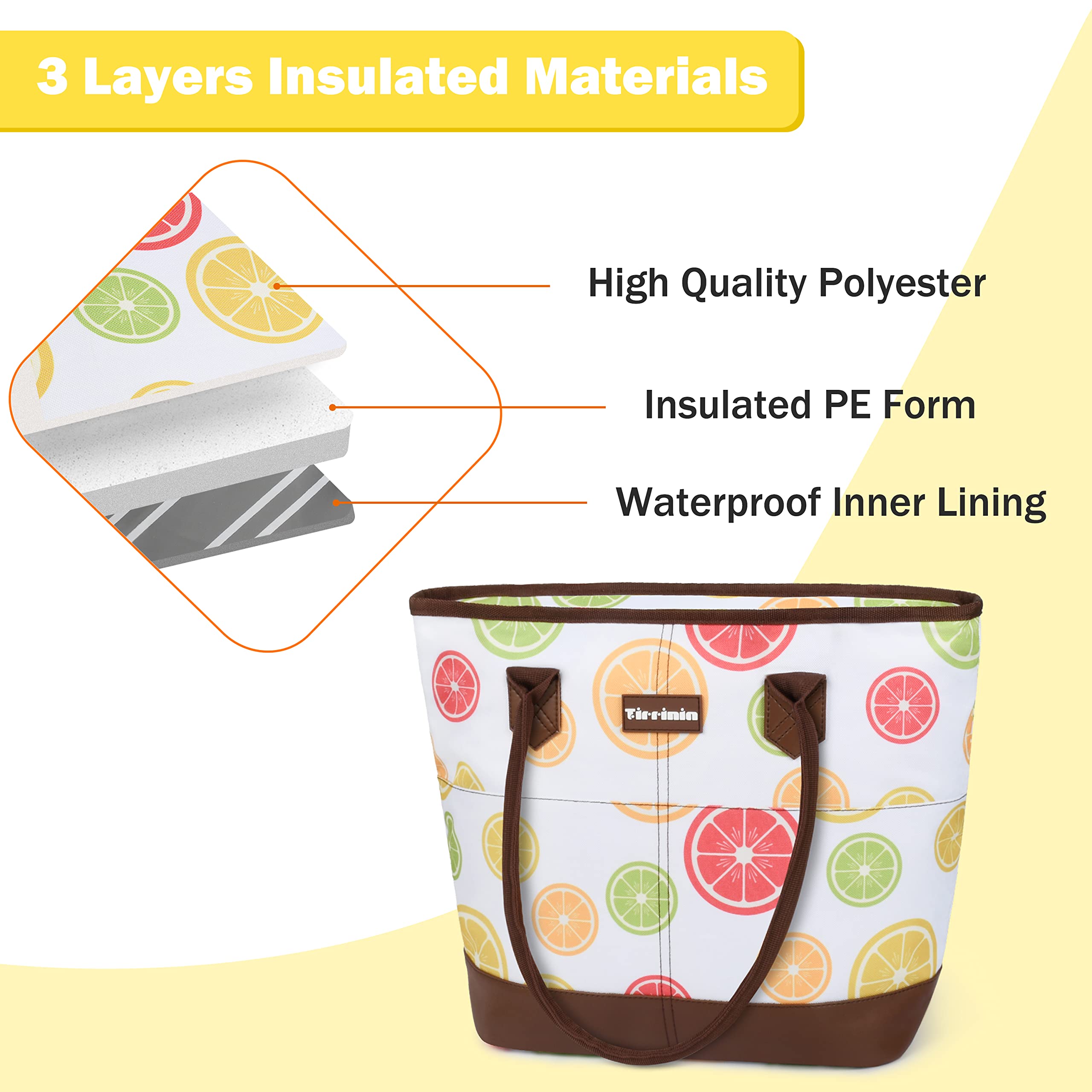 Tirrinia Insulated Lunch Cooler Bag for Women - Waterproof Large Lunch Box with Front Pockets - Yellow Lemon - Perfect for Work, School, Picnics & Outdoor Activities