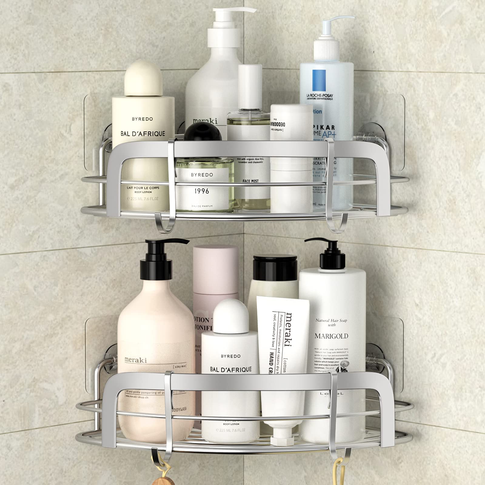 STEUGO 2 Pack Corner Shower Caddy - No Drill Adhesive Wall Mounted Bathroom Shelf with 4 Adjustable Hooks - Rustproof Stainless Steel Storage Organizer for Shampoo, Soap & Bath Accessories - Perfect for Small Showers, Apartments & Dorm Rooms
