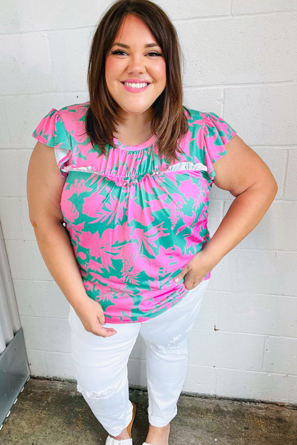 Stylish Pink & Green Floral Print Frilled Short Sleeve Yoke Top for Women | Casual Summer Blouse | Perfect for Beach Outings, Date Nights & Weekend Brunch