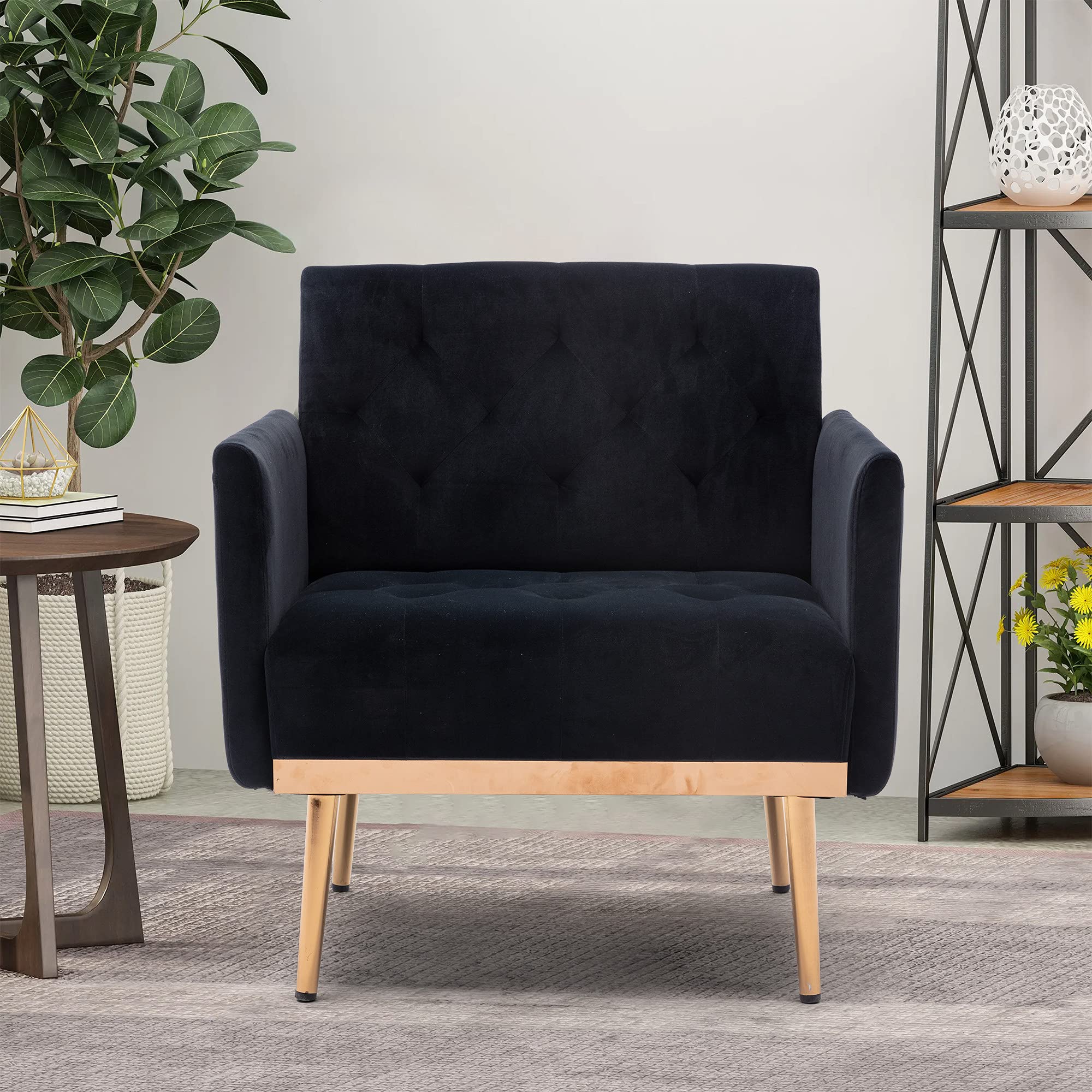 Luxury Velvet Accent Chair - Modern Upholstered Single Sofa with Rose Gold Metal Legs, Contemporary Club Chair for Living Room, Bedroom, Lounge - Perfect for Reading Nook, Home Office & Apartment Decor (Black)