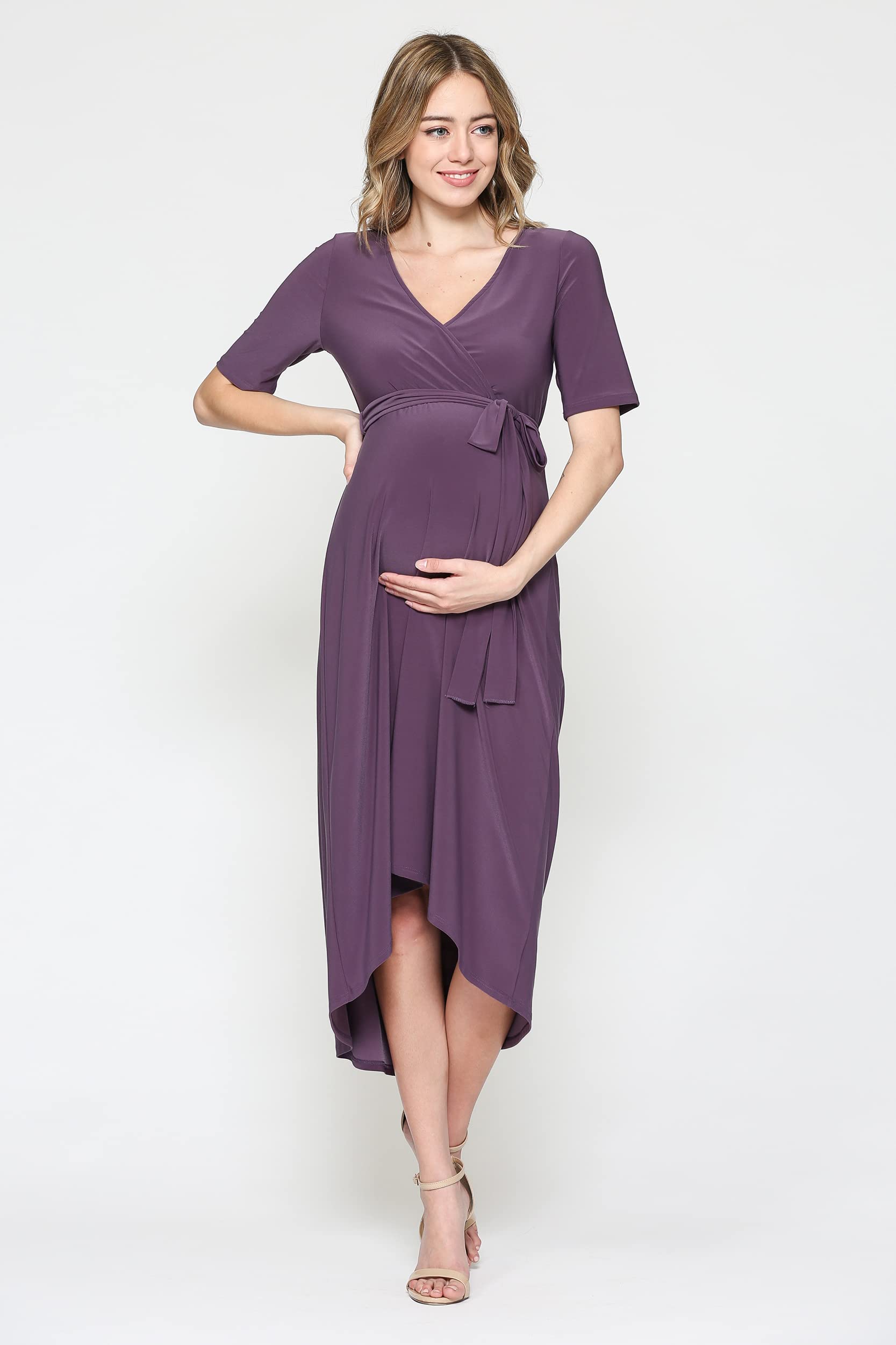 Maternity Wrap Dress for Women - Midi Length with Adjustable Waist Belt | Comfortable Pregnancy Dress for Work, Baby Shower & Special Occasions