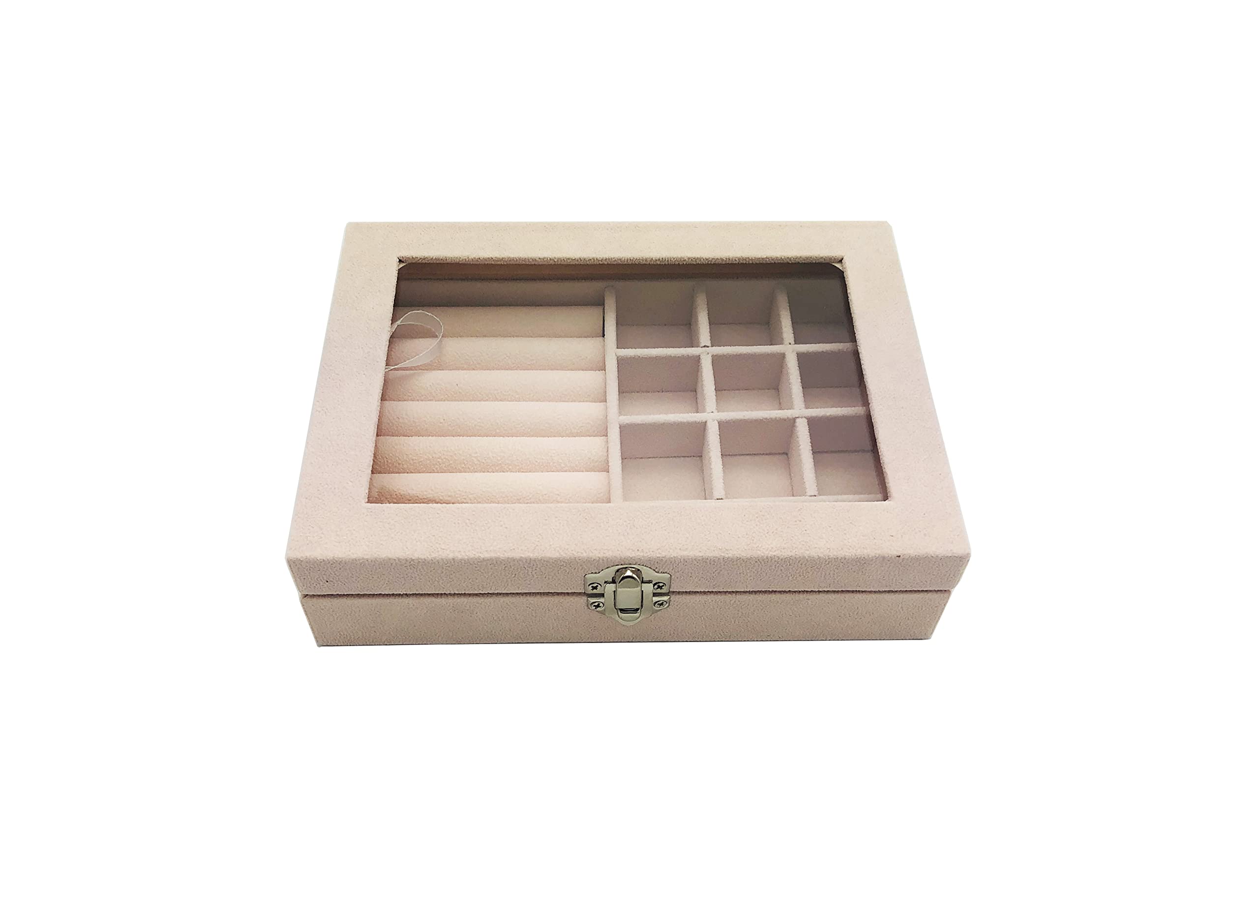 Elegant Velvet Jewelry Box with Clear Glass Lid - Premium Jewelry Organizer for Women & Girls - Perfect for Rings, Necklaces & Earrings - Ideal for Travel, Gifting & Home Storage (Beige)