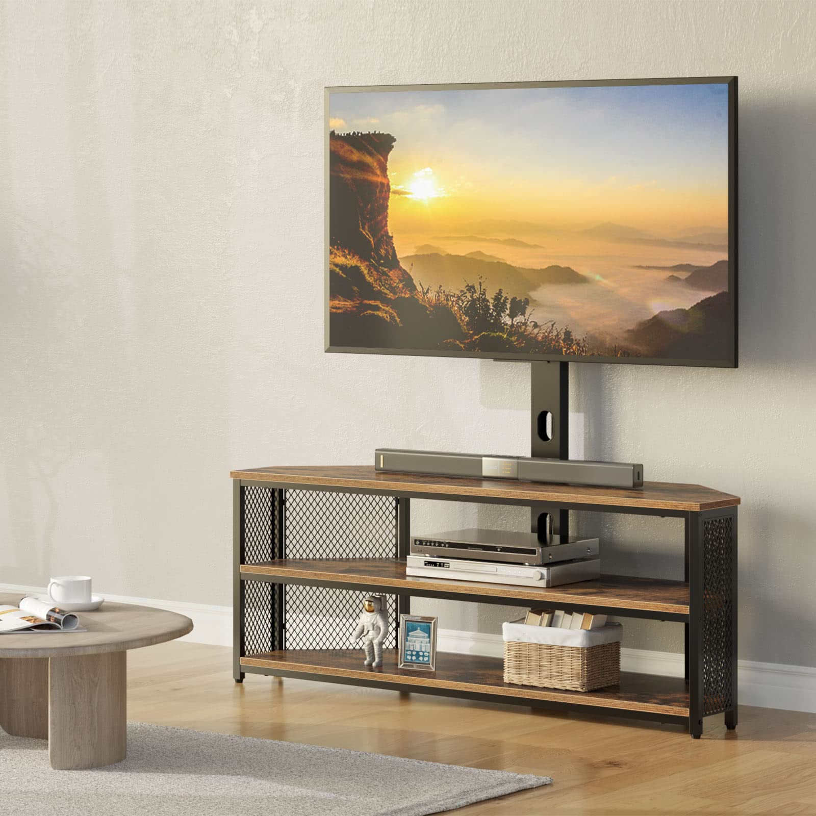 Rolanstar Rustic Brown TV Stand with Mount - Adjustable Height Swivel TV Stand for 32-70 Inch TVs, Built-in Power Outlet & LED Lights - Entertainment Center & Media Console for Living Room, Bedroom, Home Theater