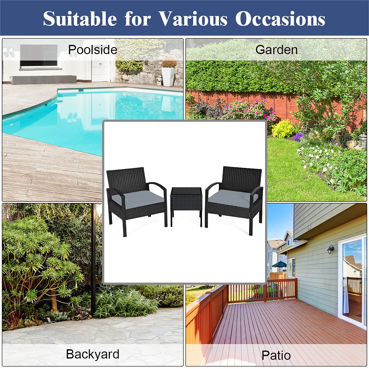 Tangkula 3-Piece Outdoor Patio Furniture Set - Grey Rattan Sofa with Cushions & Coffee Table - Weather-Resistant Wicker Conversation Set for Garden, Balcony, Backyard, Poolside (Perfect for Relaxing, Entertaining Guests & Outdoor Dining)