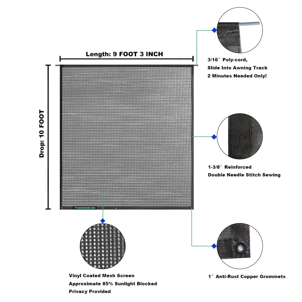 Leaveshade RV Awning Sun Shade Screen 10' X 9' 3'' - Premium Mesh Sunshade for Motorhome, Camping Trailer & RV - Blocks UV Rays & Front Sun - Durable Canopy Sunscreen with 3-Year Warranty (Black) | Perfect for Outdoor Camping, Road Trips & Summer Travel Protection
