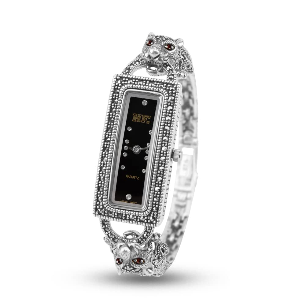 JadeAngel Women's Leopard Print Pave Marcasite Black 925 Sterling Silver Vintage Bracelet Watch - Elegant Fashion Accessory for Parties, Work & Everyday Wear