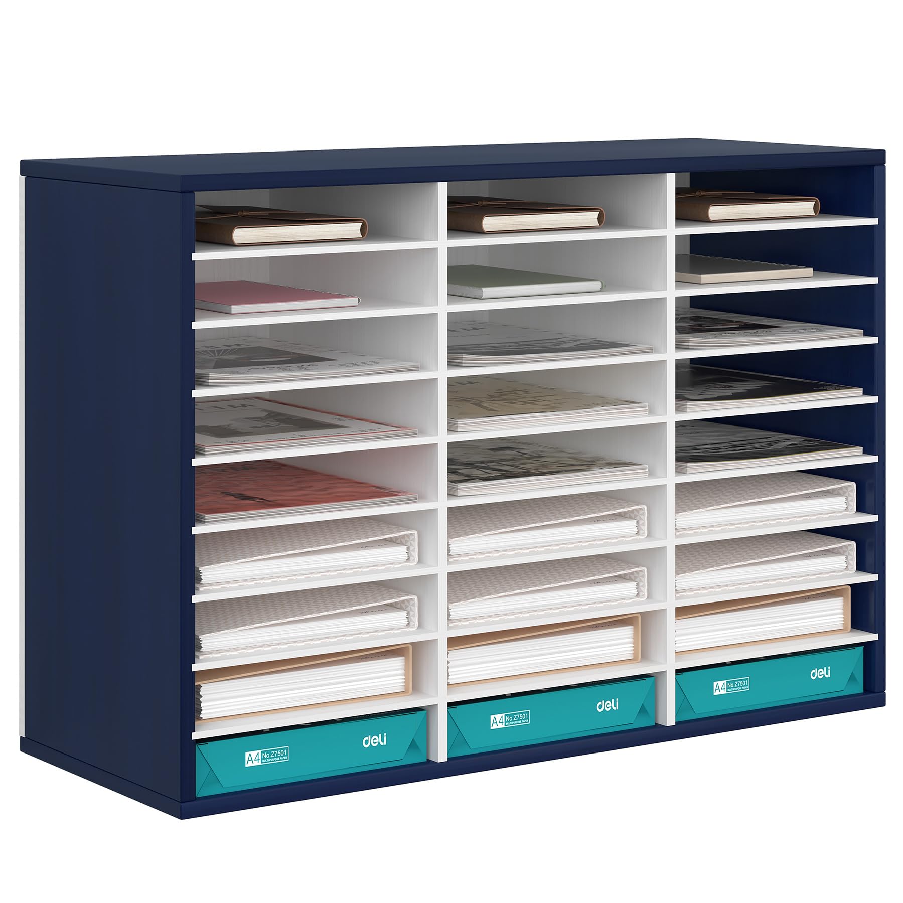 TQVAI 27-Slot Wooden Mail Sorter Organizer for Home & Office - Navy Blue/White Desktop File Holder, Paper Tray, Classroom Mailbox - Perfect for Office Organization, Teacher Supplies, and Home Mail Management
