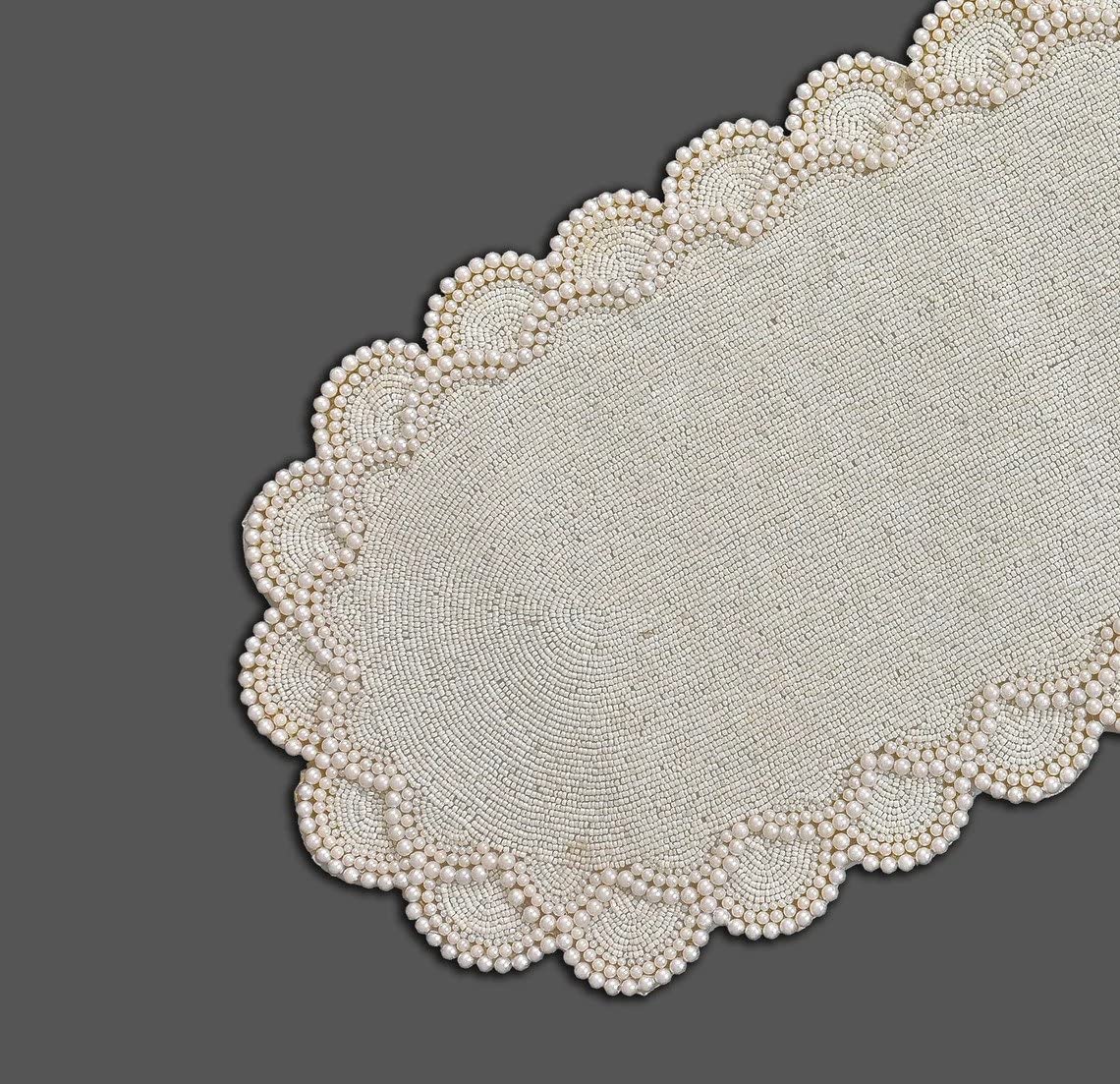 HM Creations Handmade White Pearls & Beads Luxury Table Runner - 13x36 Inch Wedding Table Topper (Set of 6 Placemats) for Bridal Showers, Anniversary Dinners & Formal Dining Decor