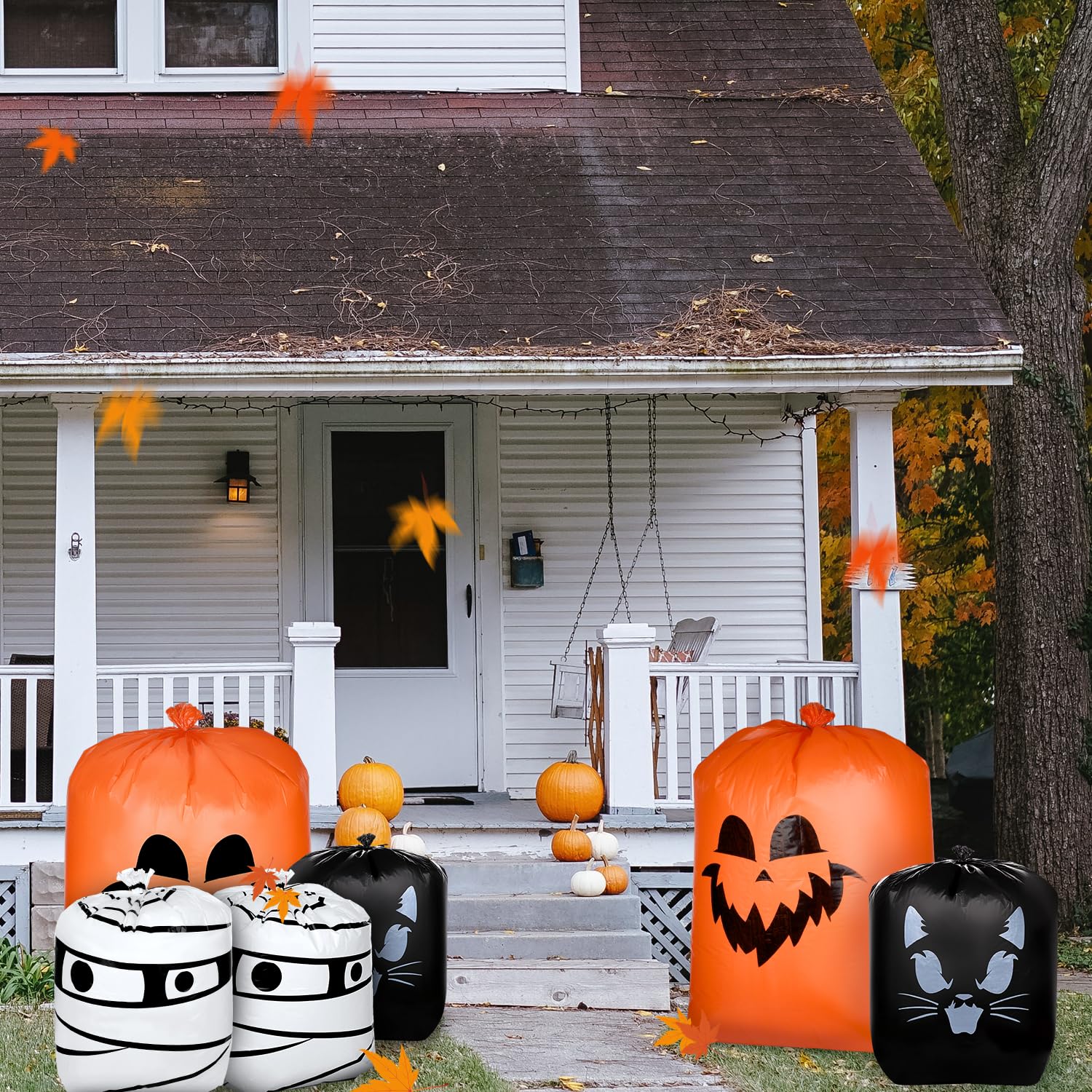 8-Piece Halloween Pumpkin Leaf Bags Set (36x48 Inch & 24x30 Inch) - Reusable Plastic Lawn Leaf Bags for Halloween Decorations, Outdoor Fall Garden Party, Yard Cleanup & Seasonal Decor