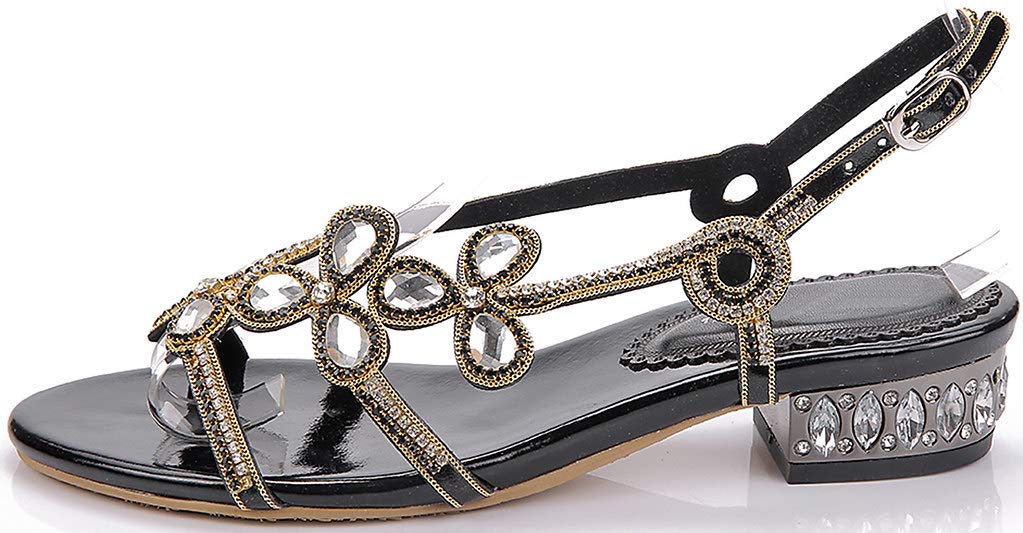 LizFoYa Women's Floral Flat Sandals - Rhinestone Slingback Strap Open Toe Beach Sandals for Summer Vacation, Wedding, Party & Casual Outfits