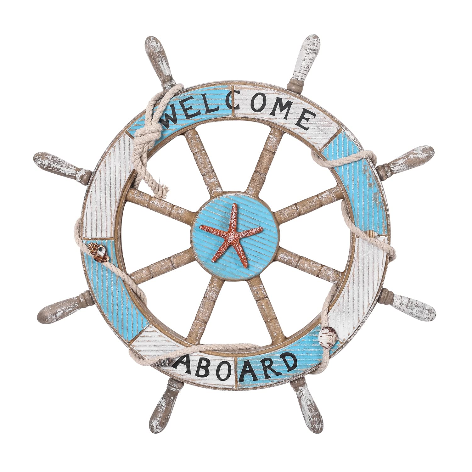Nautical Beach Wooden Ship Steering Wheel Wall Decor - Rustic Blue 17.32